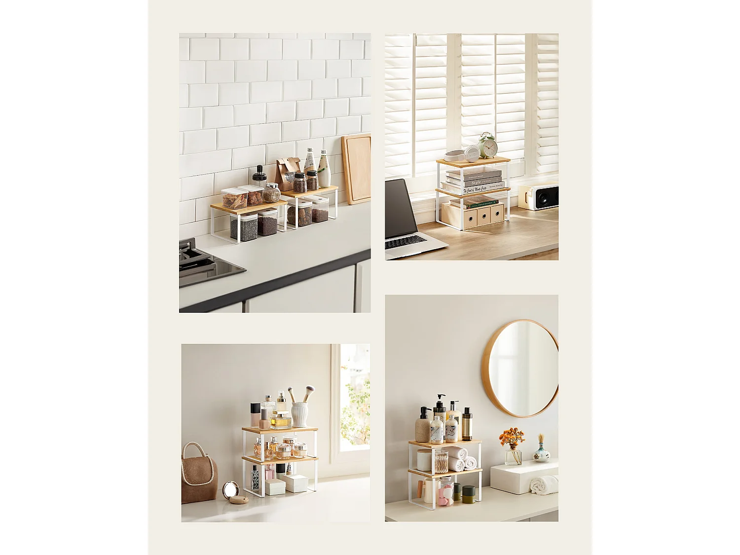 Lot de 2 étagères de cuisine Valora en bambou et métal blanc naturel