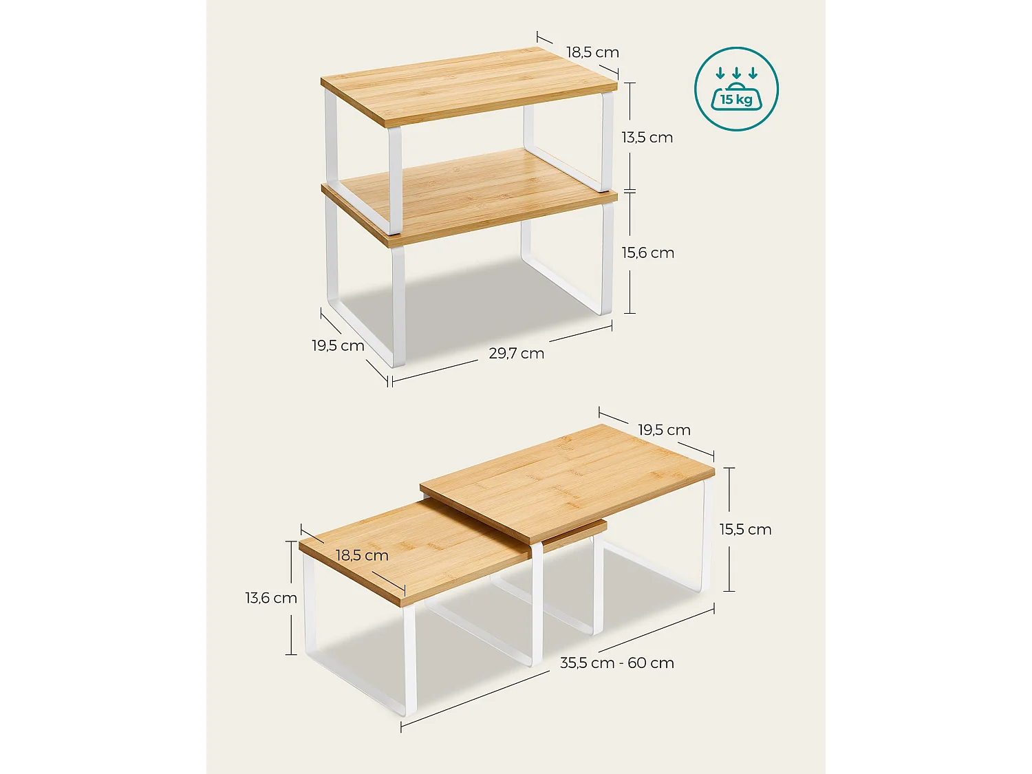 Lot de 2 étagères de cuisine Valora en bambou et métal blanc naturel
