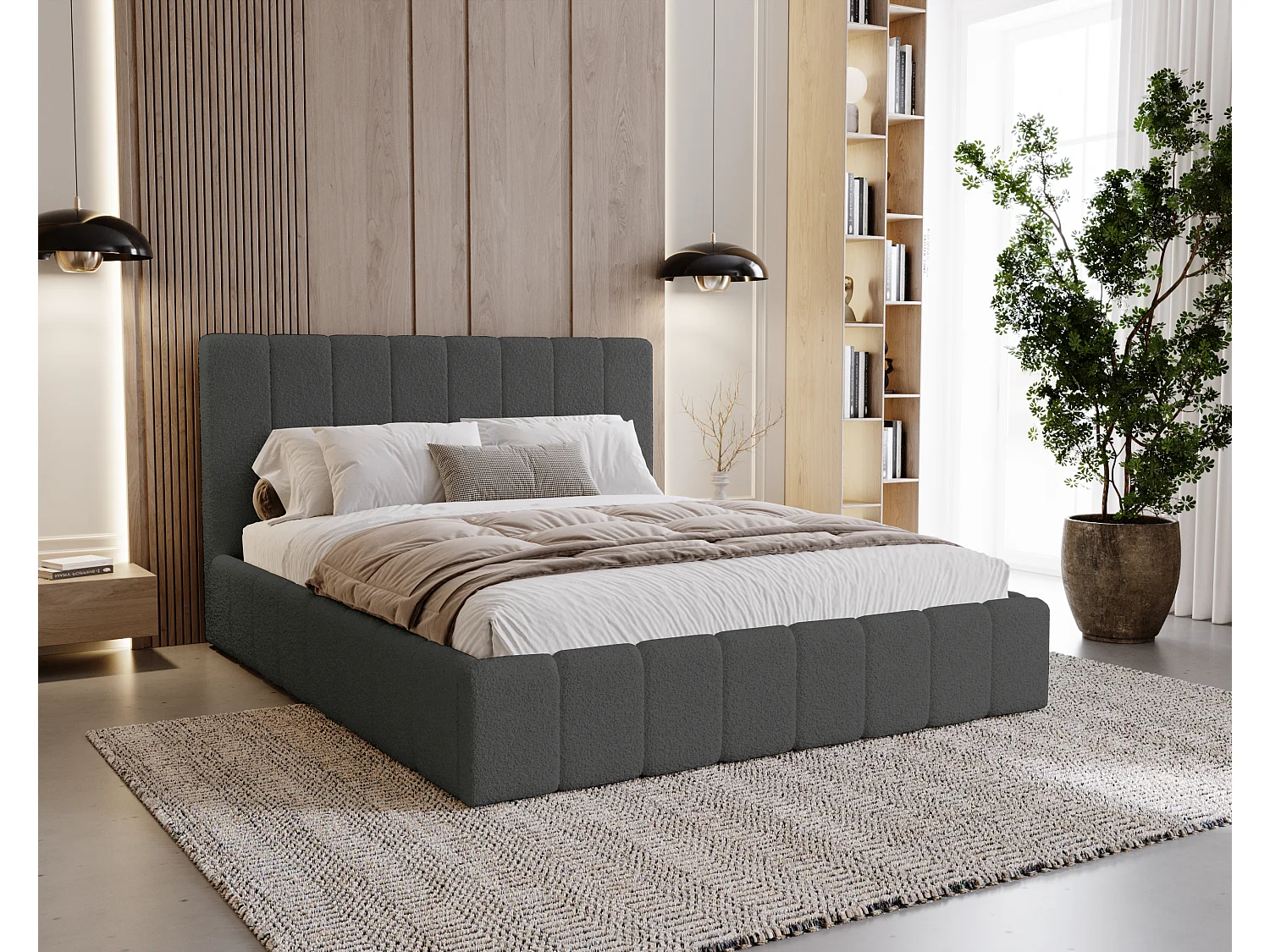 BESILIO Sypialnia łóżko slim 160x200 Lexy - stelaż metalowy, pojemnik na pościel, slim łóżko, tkanina boucle - Szary