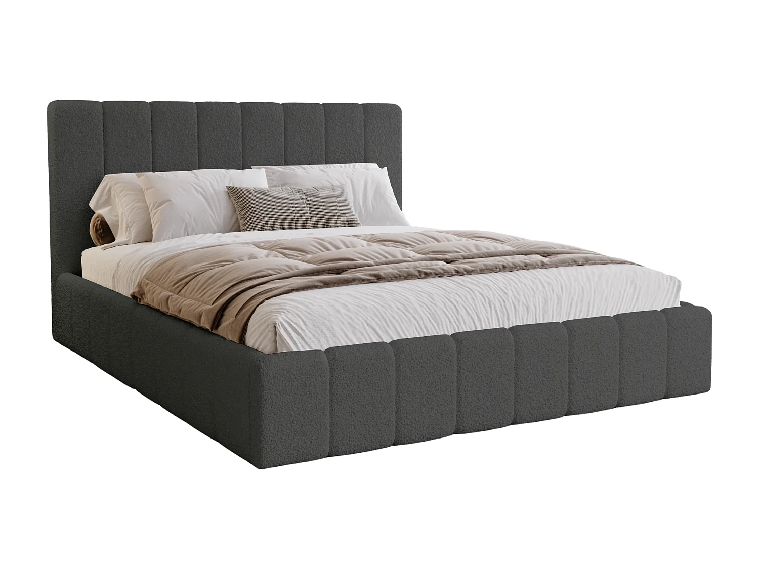 BESILIO Sypialnia łóżko slim 160x200 Lexy - stelaż metalowy, pojemnik na pościel, slim łóżko, tkanina boucle - Szary