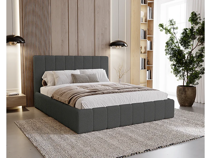 BESILIO Lit de chambre Slim 160x200 Lexy – cadre en métal, coffre de rangement pour le linge de lit, lit fin, tissu bouclé – Gris