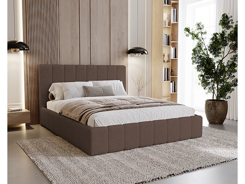 BESILIO Schlafzimmerbett Slim 120x200 Lexy – Metallrahmen, Bettkasten, schlankes Bett, Boucle-Stoff – Braun