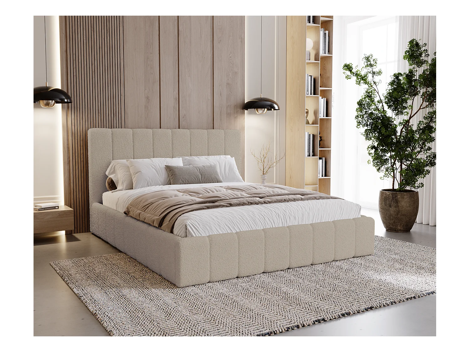 BESILIO Sypialnia łóżko slim 180x200 Lexy - stelaż metalowy, pojemnik na pościel, slim łóżko, tkanina boucle - Beżowy