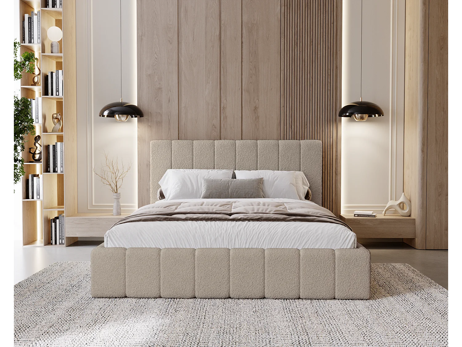 BESILIO Sypialnia łóżko slim 180x200 Lexy - stelaż metalowy, pojemnik na pościel, slim łóżko, tkanina boucle - Beżowy