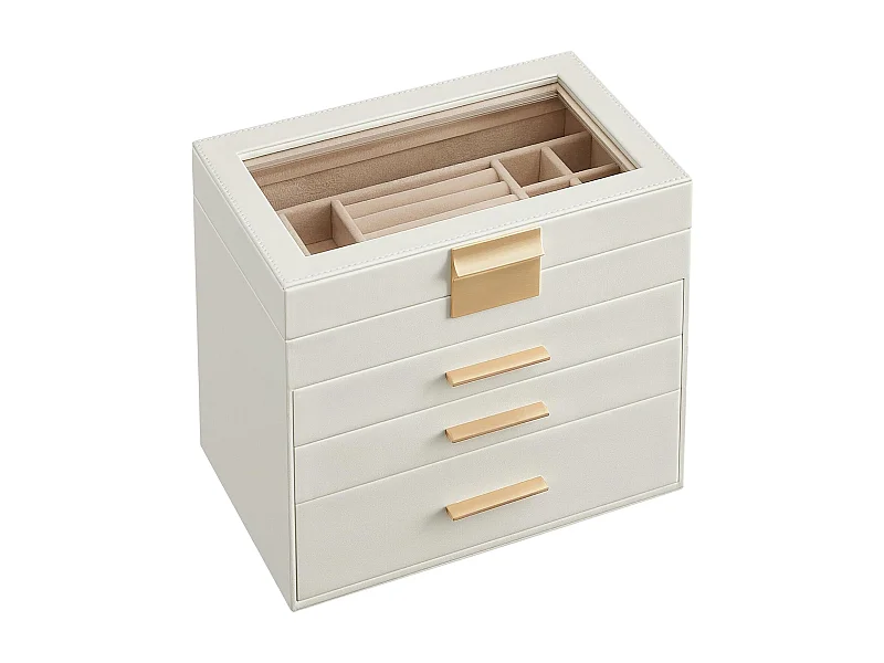 Valora Witte Sieradendoos met Glazen Deksel en 3 Laden | Praktische Opbergers