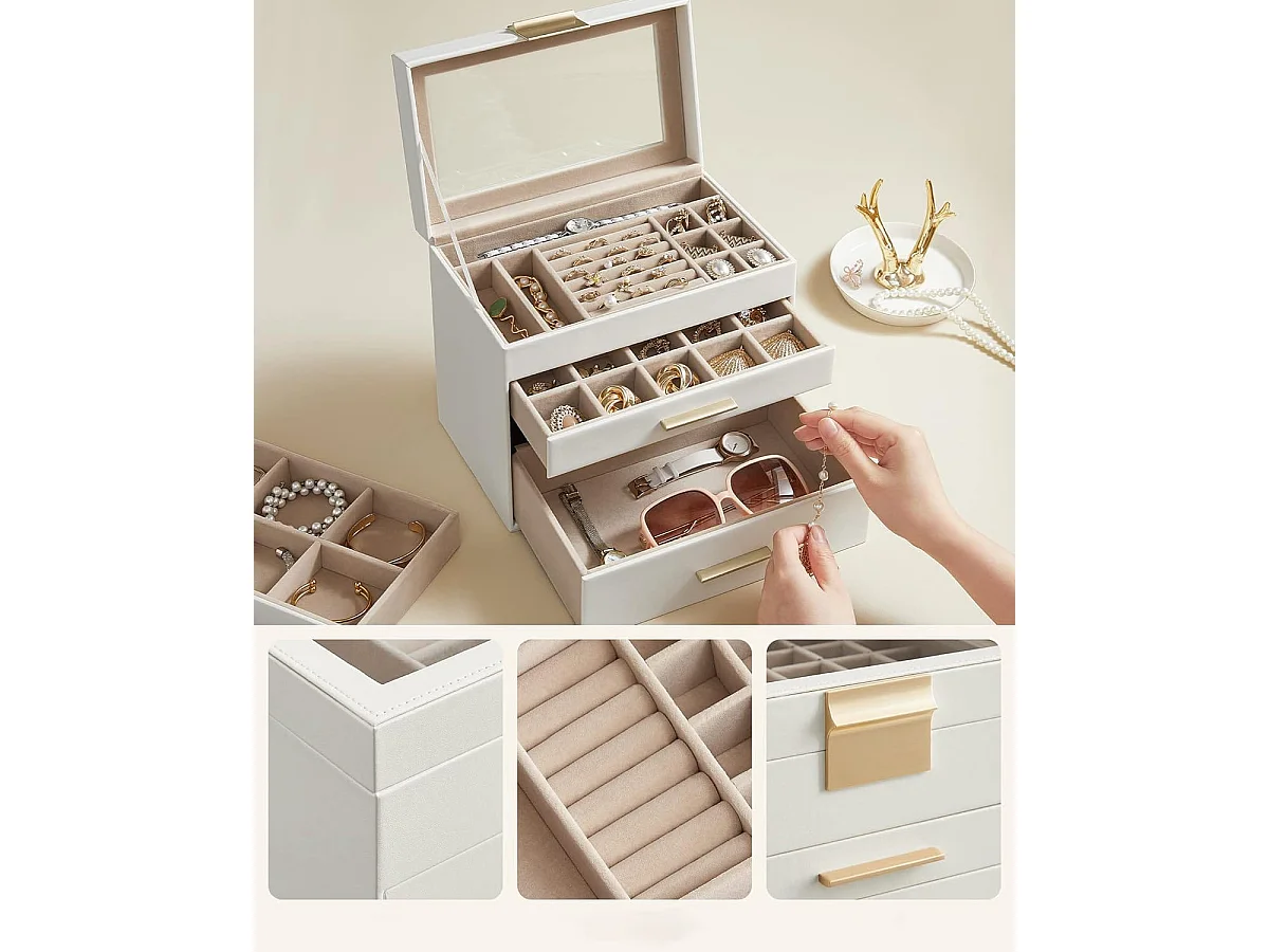Coffret bijoux Valora blanc verre et 3 tiroirs | rangement pratique