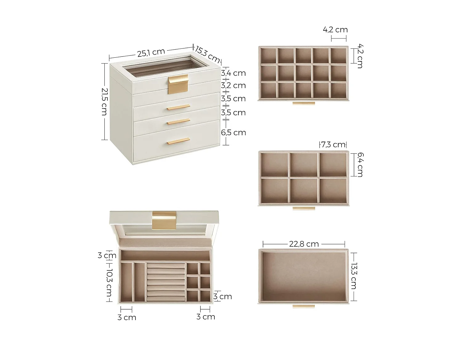 Coffret bijoux Valora blanc verre et 3 tiroirs | rangement pratique