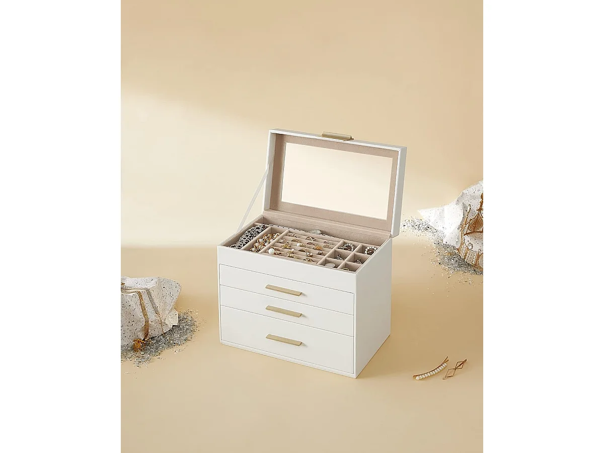 Coffret bijoux Valora blanc verre et 3 tiroirs | rangement pratique