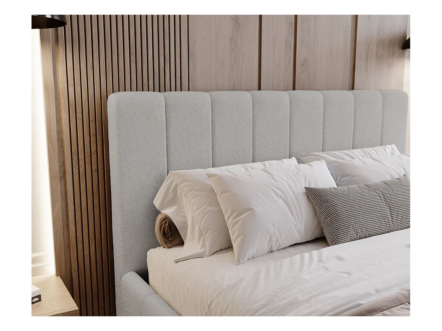 BESILIO Sypialnia łóżko slim 140x200 Lexy - stelaż metalowy, pojemnik na pościel, slim łóżko, tkanina boucle - Jasnoszary