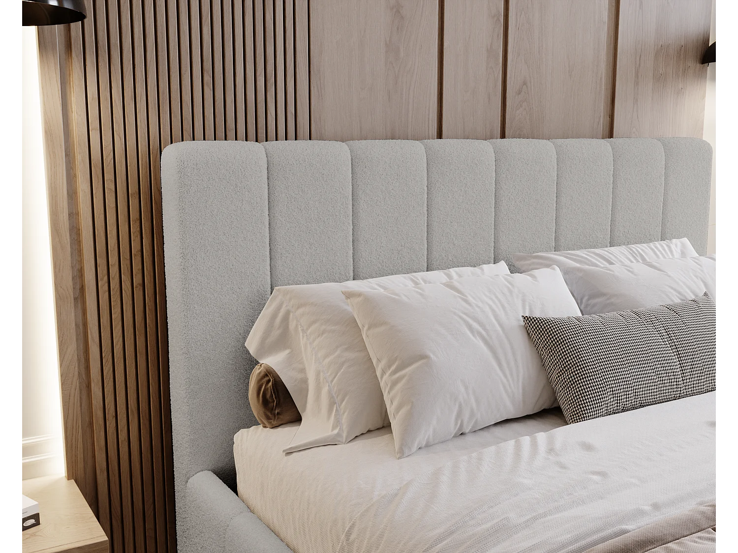 BESILIO Sypialnia łóżko slim 140x200 Lexy - stelaż metalowy, pojemnik na pościel, slim łóżko, tkanina boucle - Jasnoszary