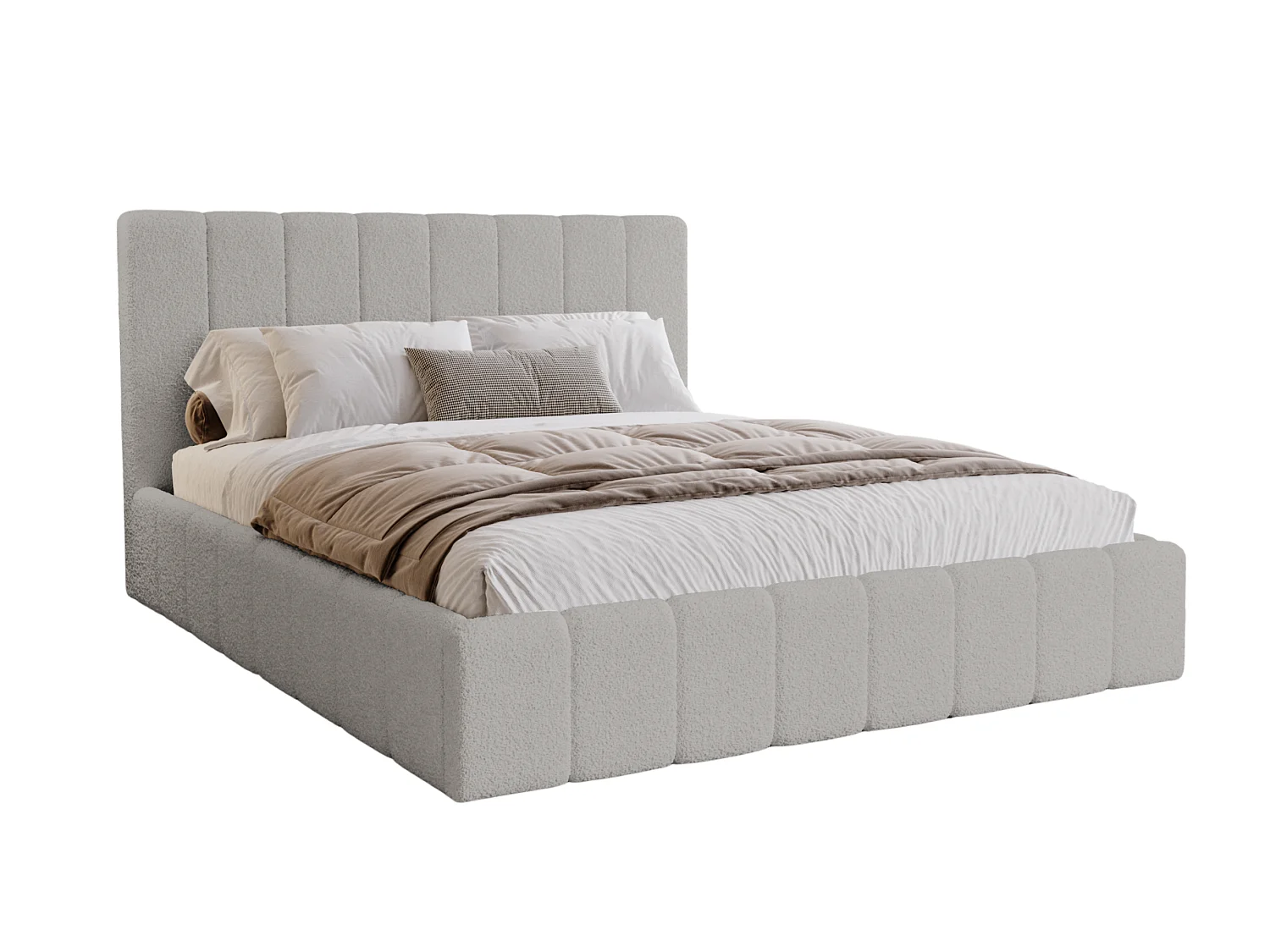 BESILIO Sypialnia łóżko slim 140x200 Lexy - stelaż metalowy, pojemnik na pościel, slim łóżko, tkanina boucle - Jasnoszary
