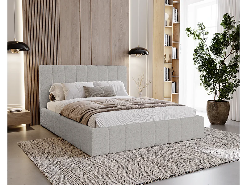 BESILIO Lit de chambre Slim 140x200 Lexy – cadre en métal, coffre de rangement pour le linge de lit, lit fin, tissu bouclé – Gris clair