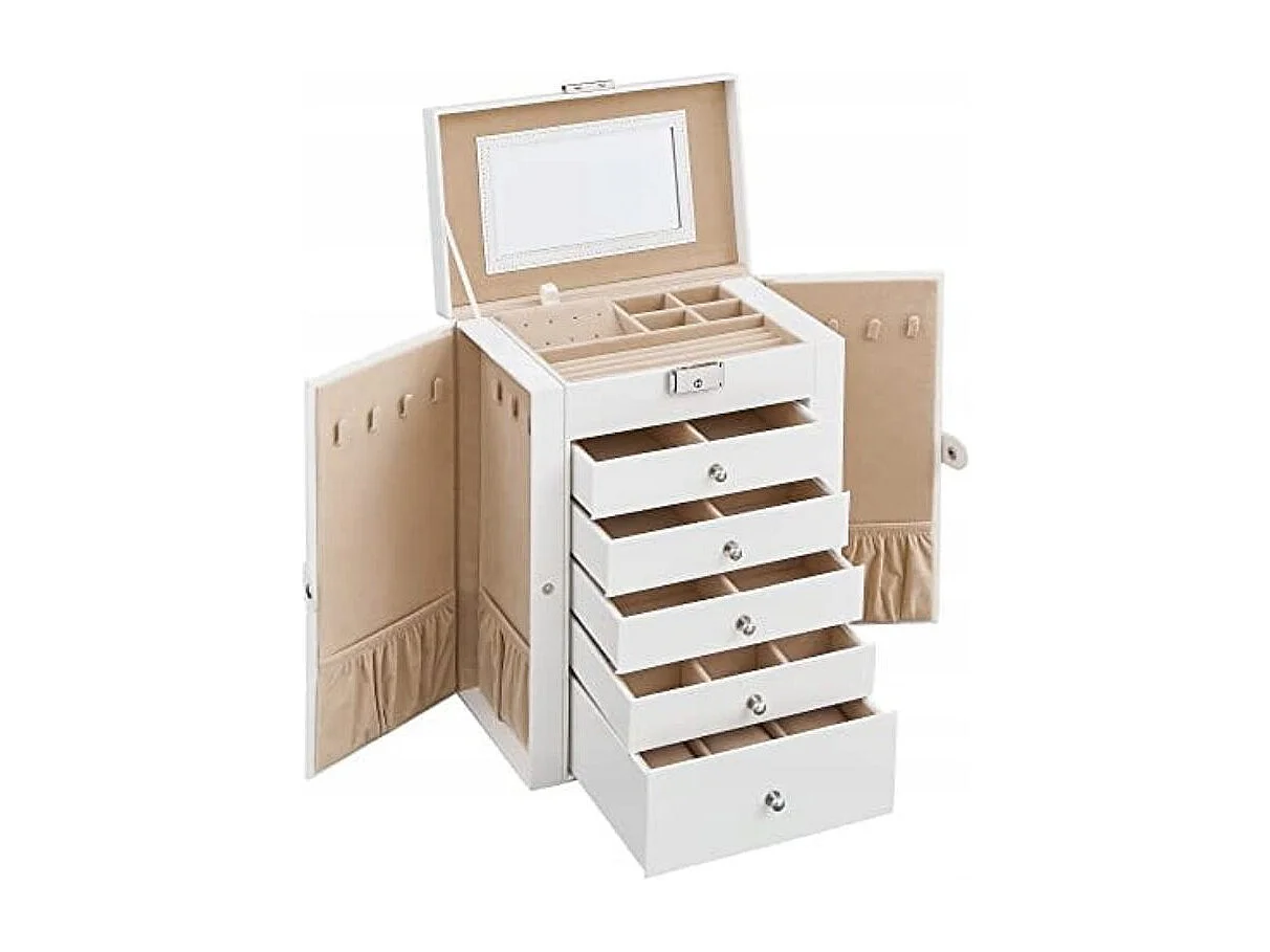 Coffret à bijoux Valora blanc avec miroir, 5 tiroirs et portes latérales