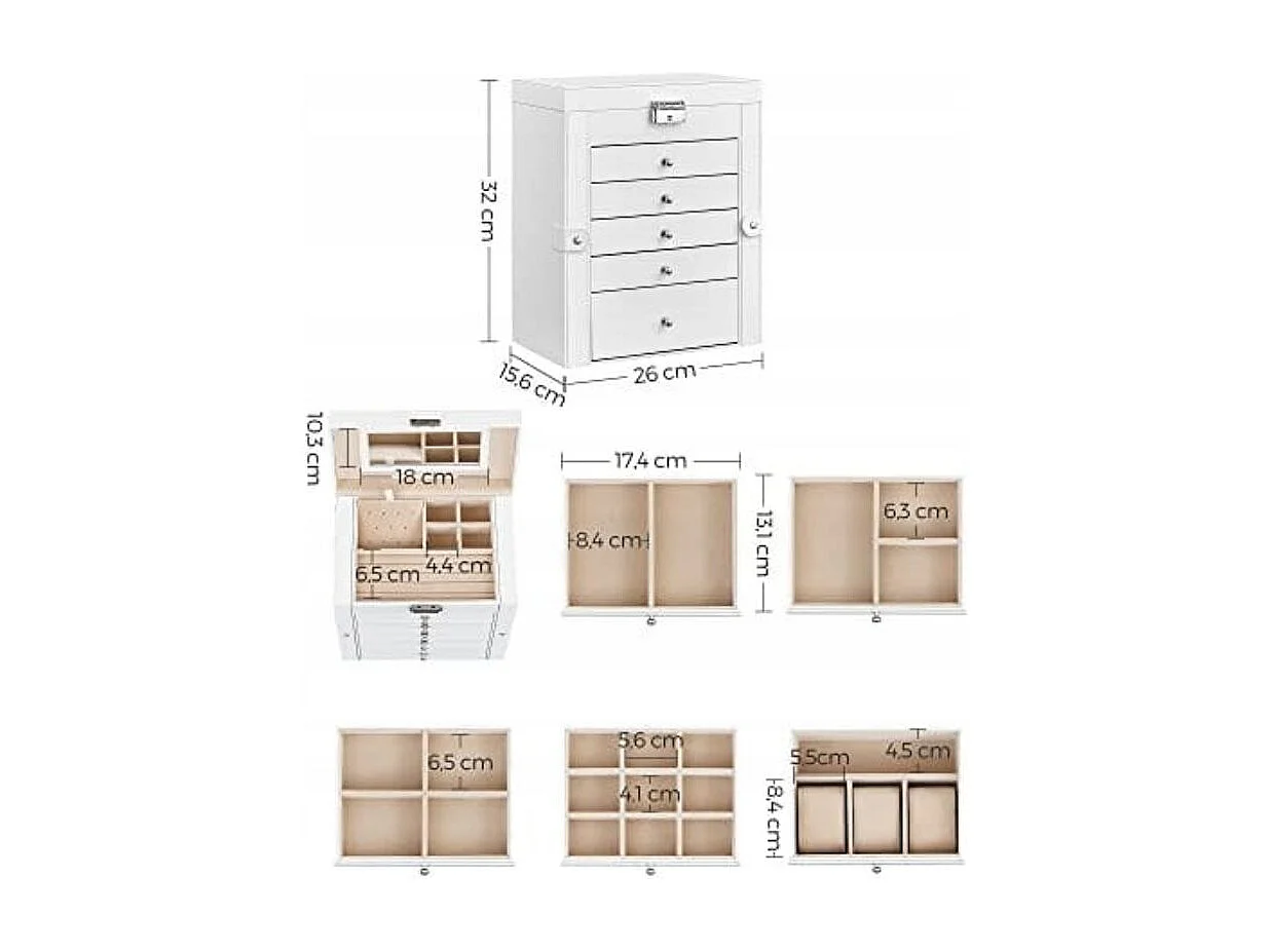 Coffret à bijoux Valora blanc avec miroir, 5 tiroirs et portes latérales