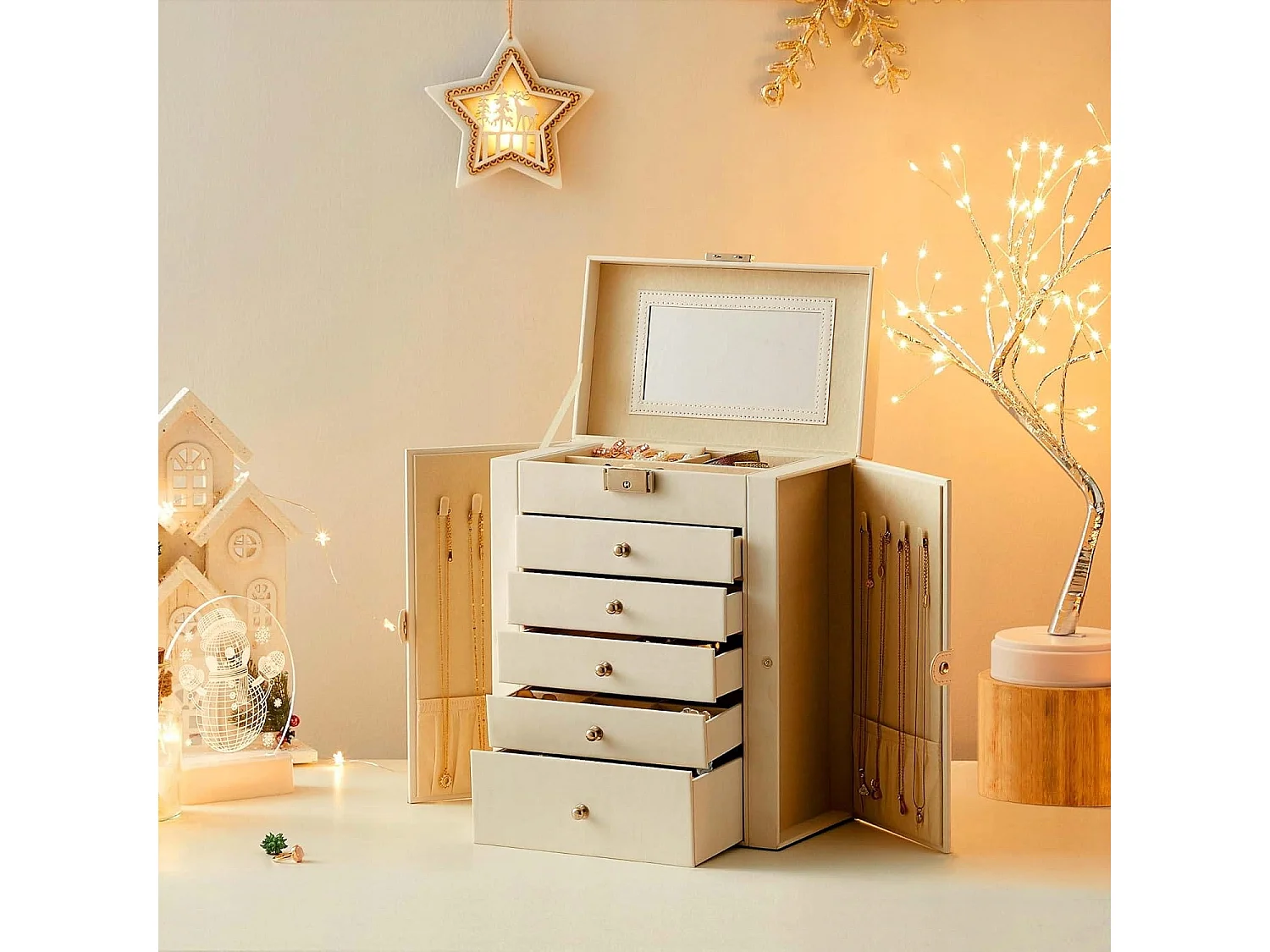 Coffret à bijoux Valora blanc avec miroir, 5 tiroirs et portes latérales