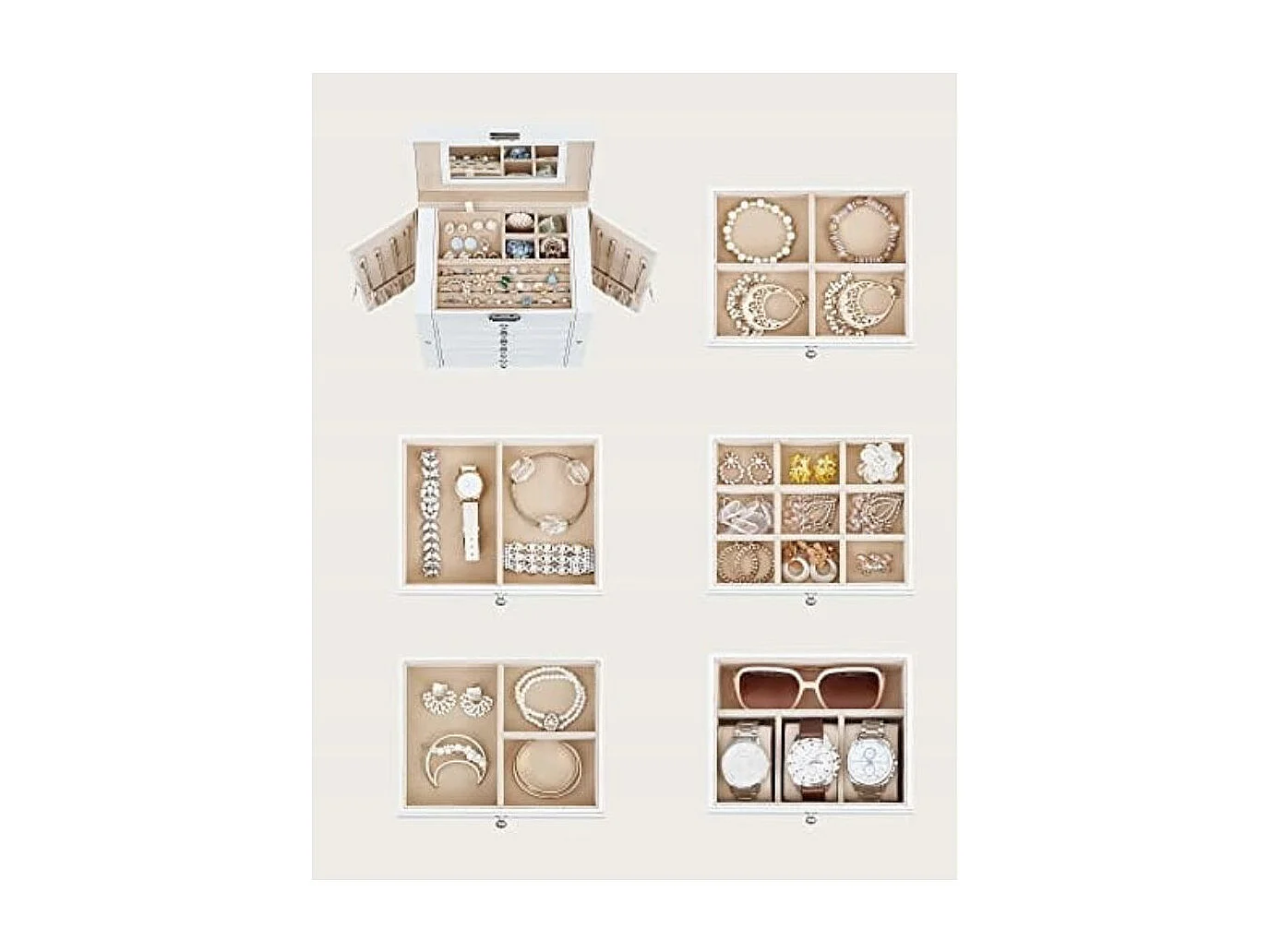 Coffret à bijoux Valora blanc avec miroir, 5 tiroirs et portes latérales