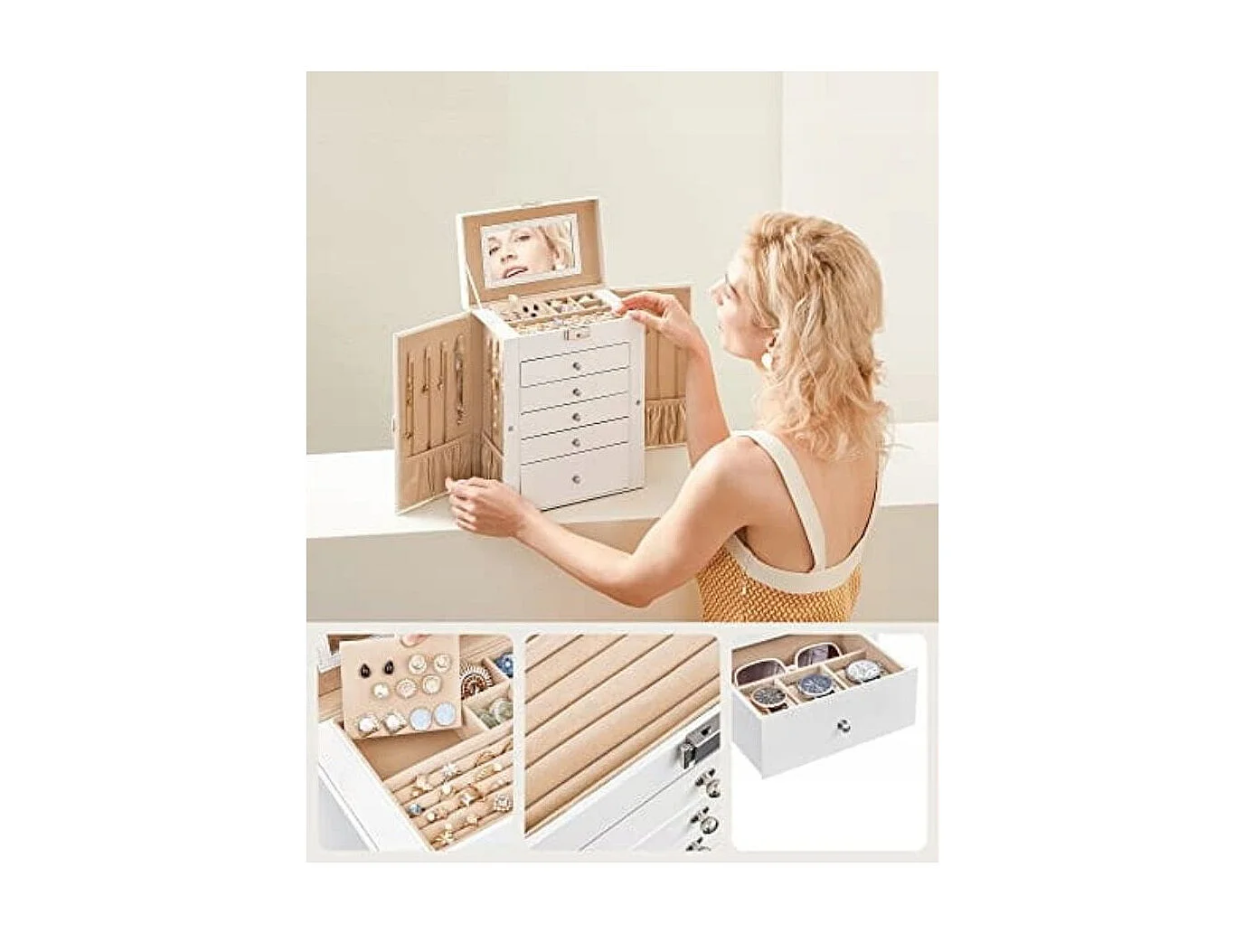 Coffret à bijoux Valora blanc avec miroir, 5 tiroirs et portes latérales