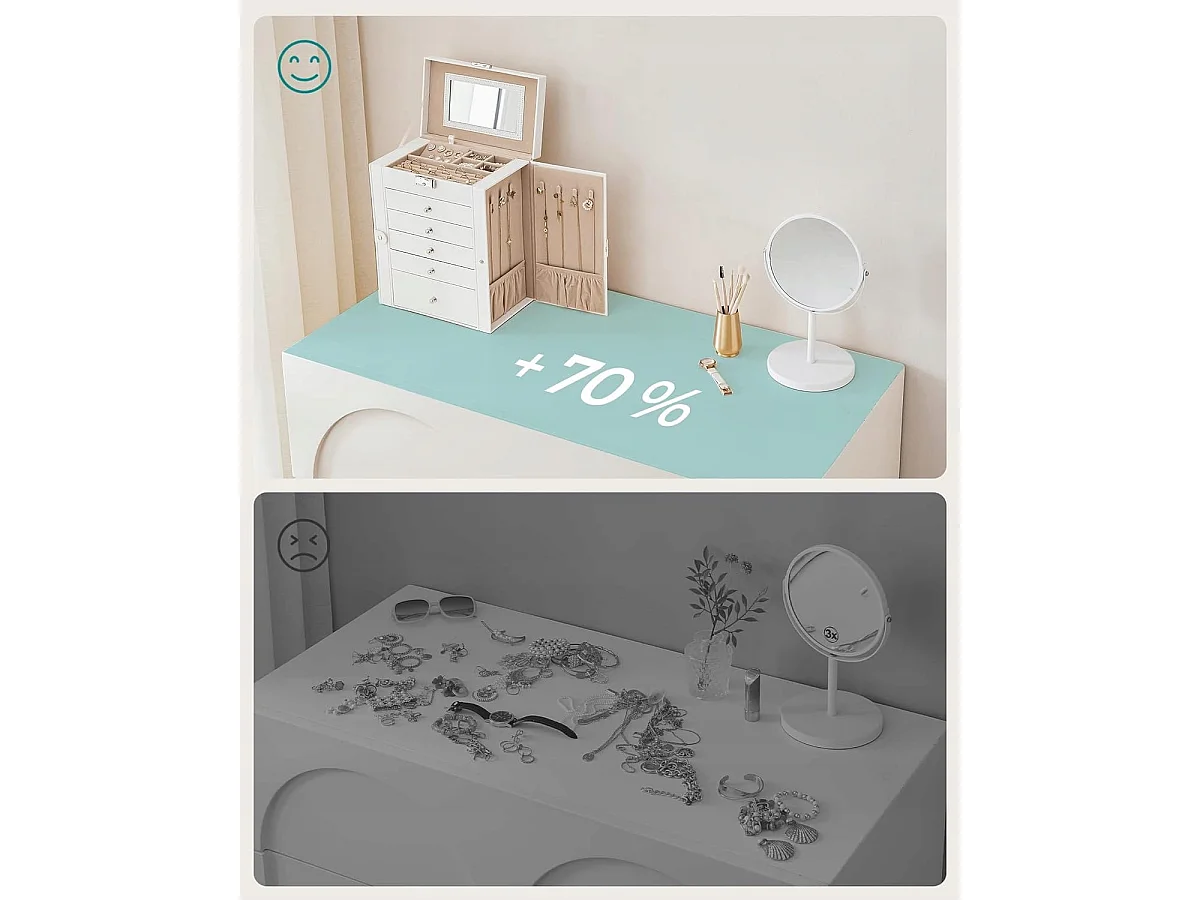 Coffret à bijoux Valora blanc avec miroir, 5 tiroirs et portes latérales