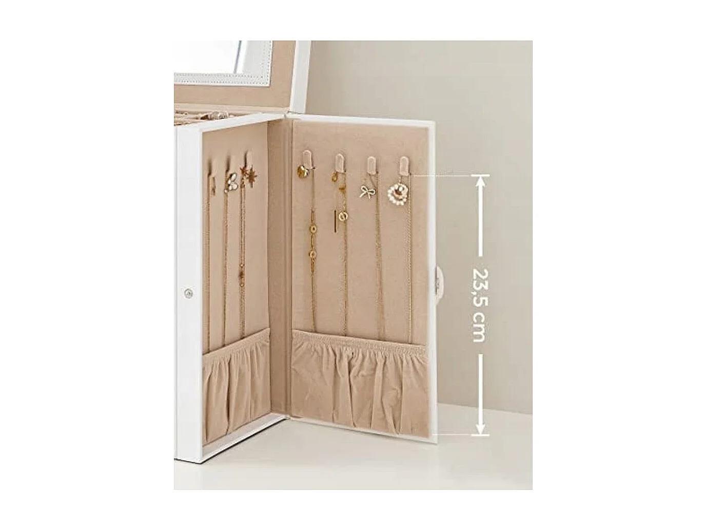 Coffret à bijoux Valora blanc avec miroir, 5 tiroirs et portes latérales