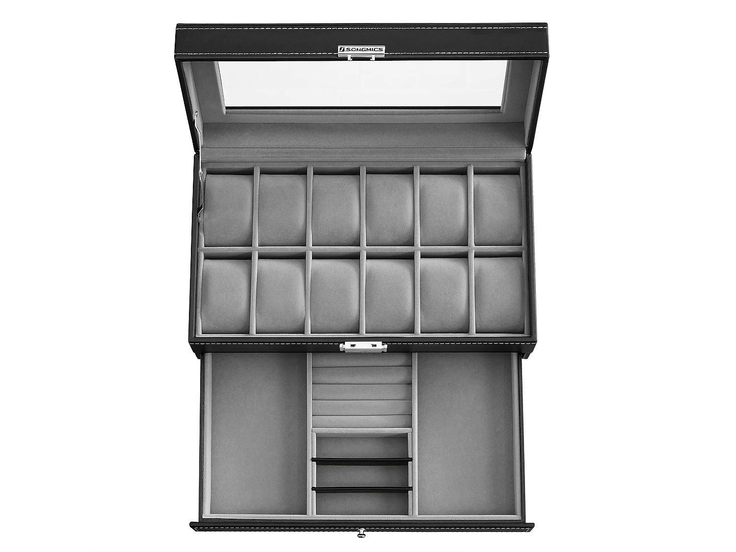 Valora Horloge- en Sieradendoos met 12 Slots en Lade - Zwart