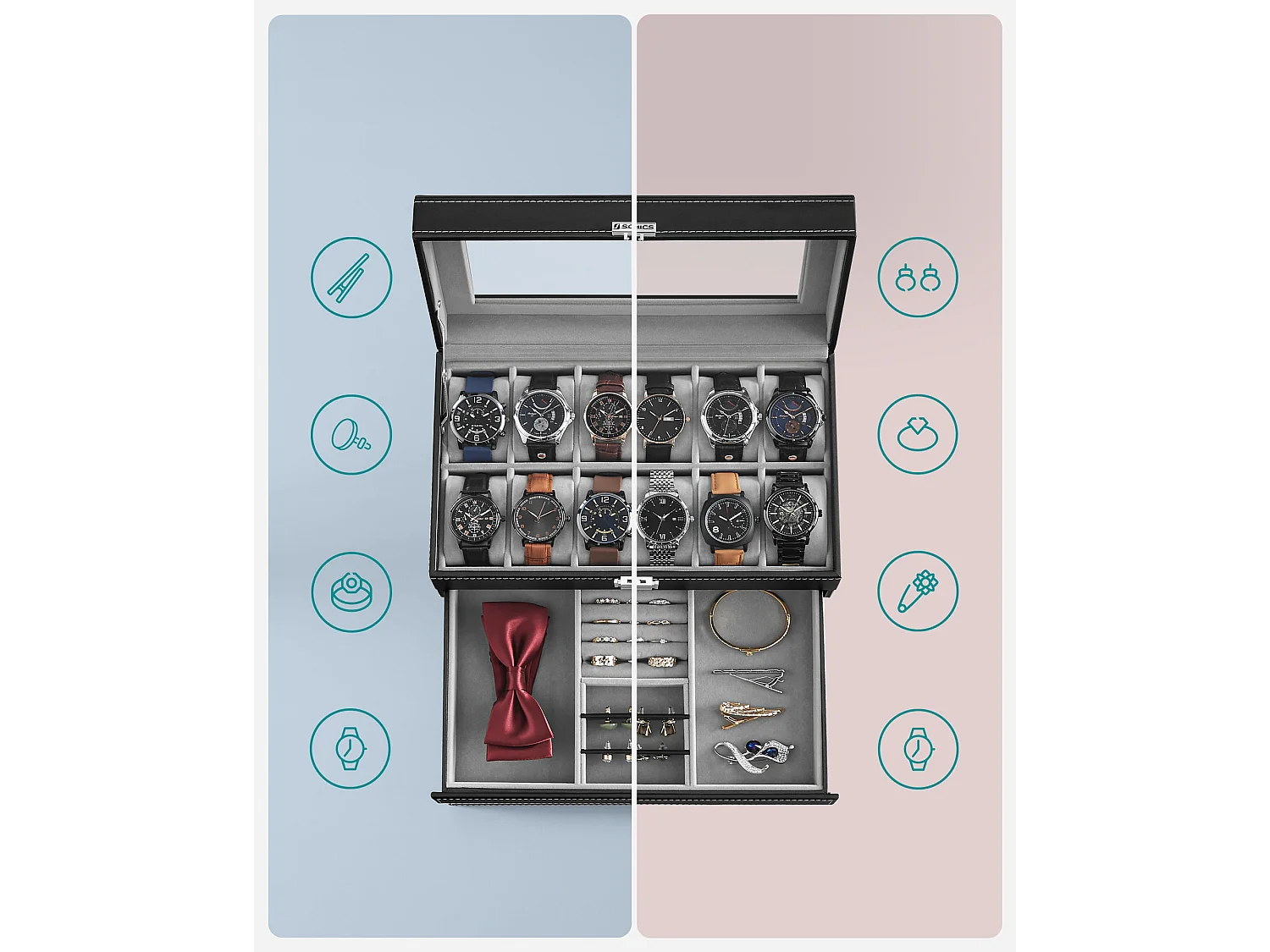 Valora Horloge- en Sieradendoos met 12 Slots en Lade - Zwart