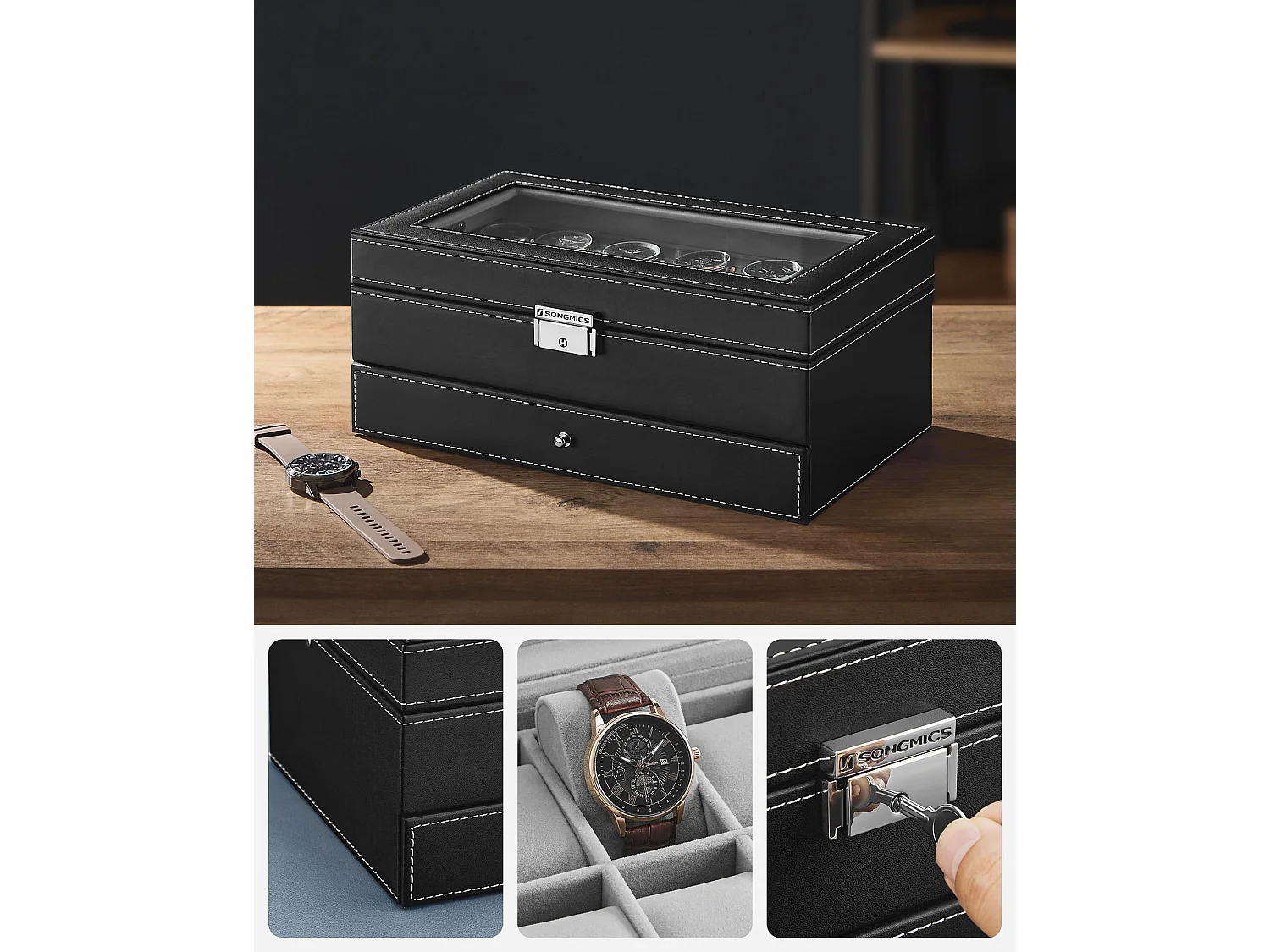 Valora Horloge- en Sieradendoos met 12 Slots en Lade - Zwart