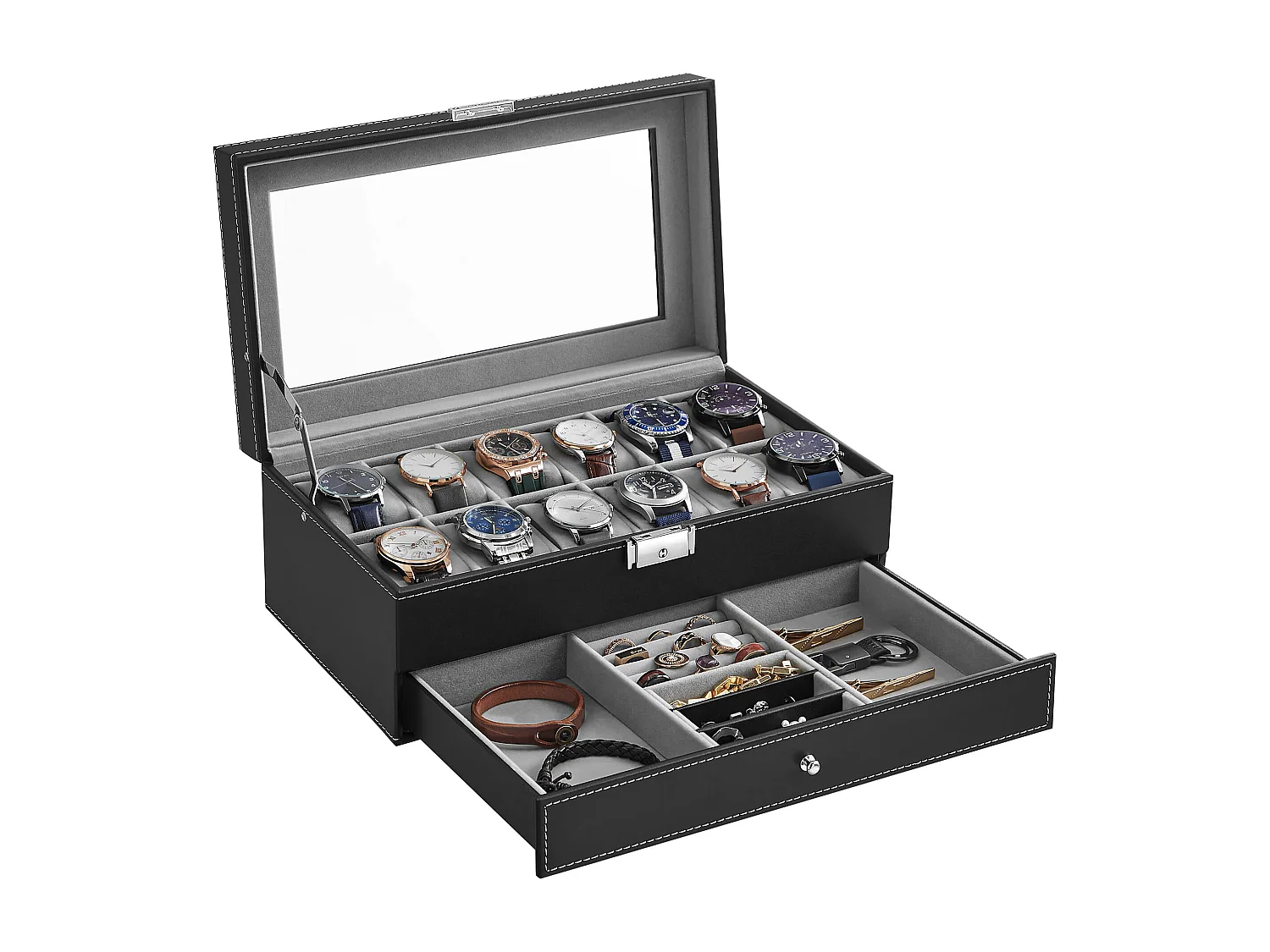 Valora Coffret à montres et bijoux avec 12 compartiments et tiroir - Noir