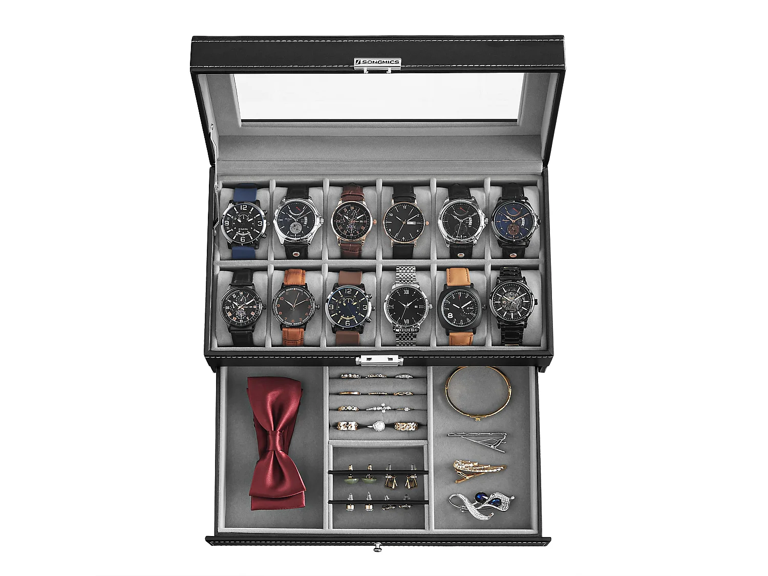 Valora Coffret à montres et bijoux avec 12 compartiments et tiroir - Noir
