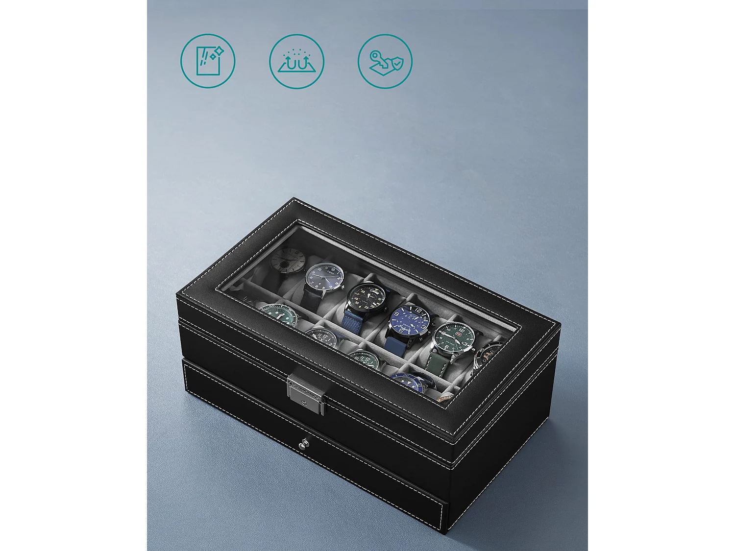 Valora Coffret à montres et bijoux avec 12 compartiments et tiroir - Noir