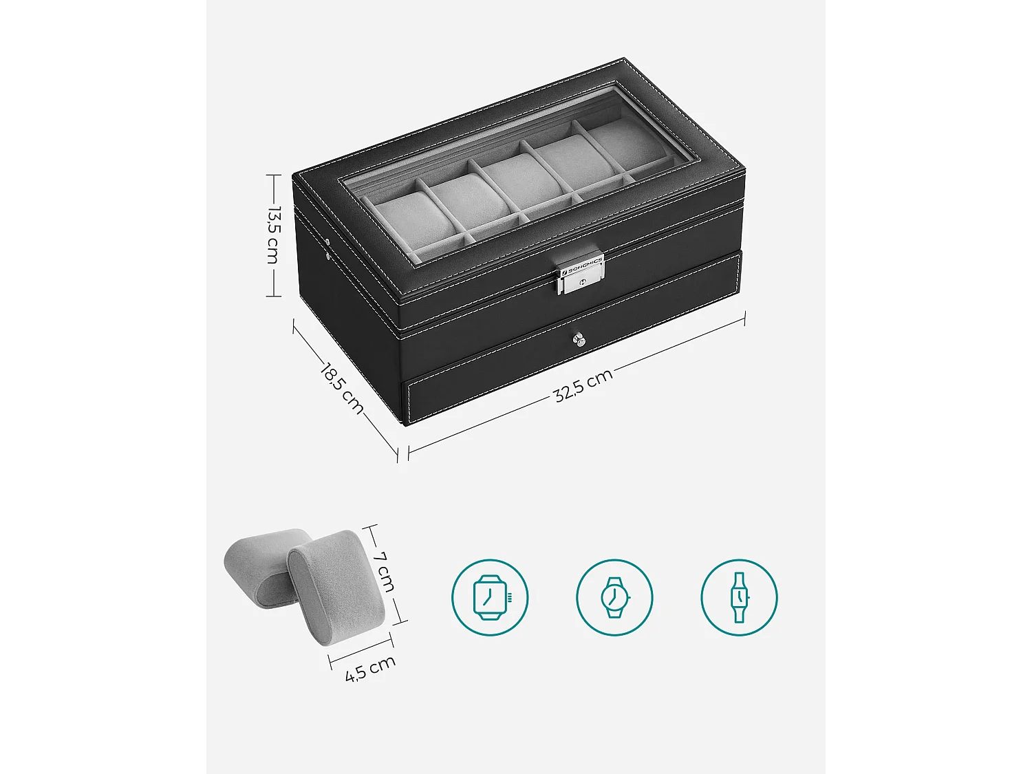 Valora Coffret à montres et bijoux avec 12 compartiments et tiroir - Noir