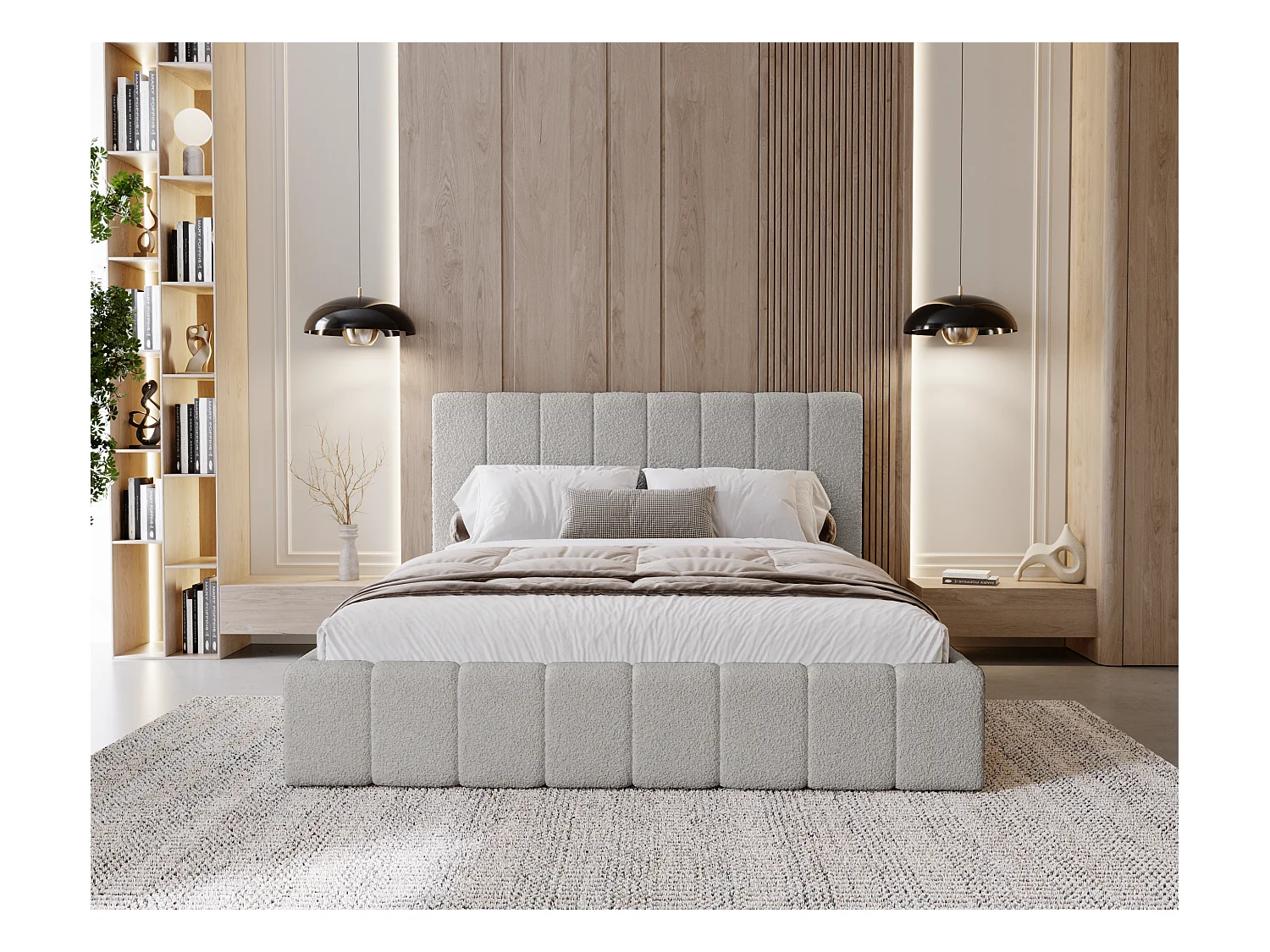 BESILIO Sypialnia łóżko slim 160x200 Lexy - stelaż metalowy, pojemnik na pościel, slim łóżko, tkanina boucle - Jasnoszary