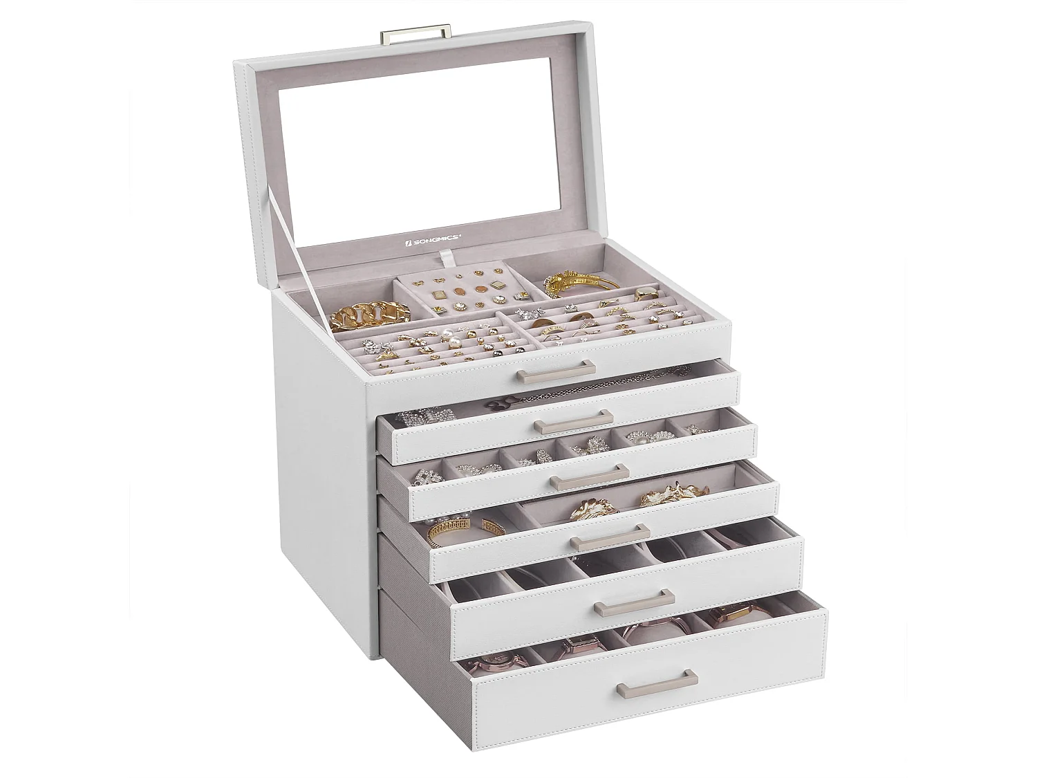 Coffret à bijoux Valora blanc avec miroir et 5 tiroirs doublé de velours