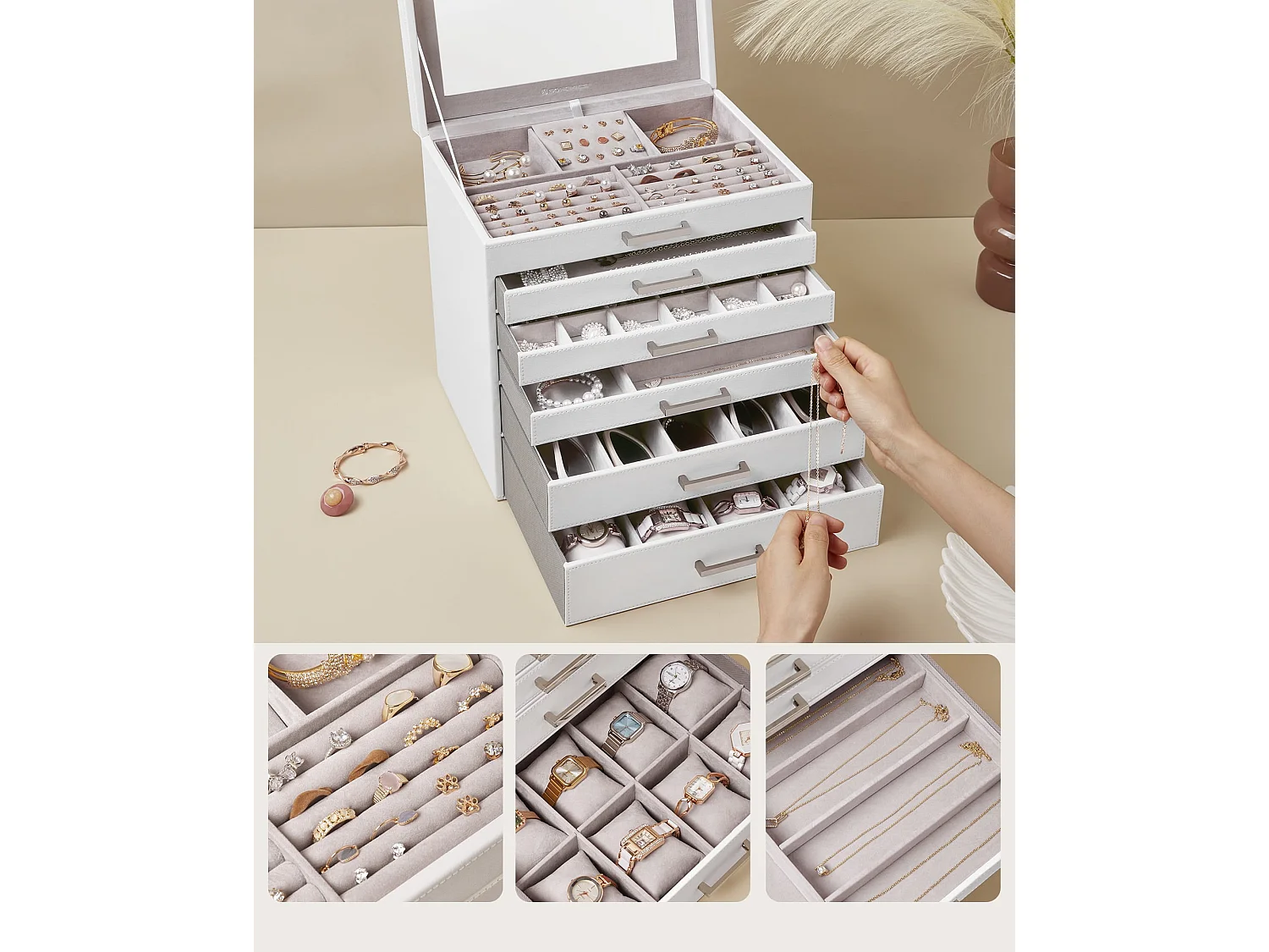 Coffret à bijoux Valora blanc avec miroir et 5 tiroirs doublé de velours