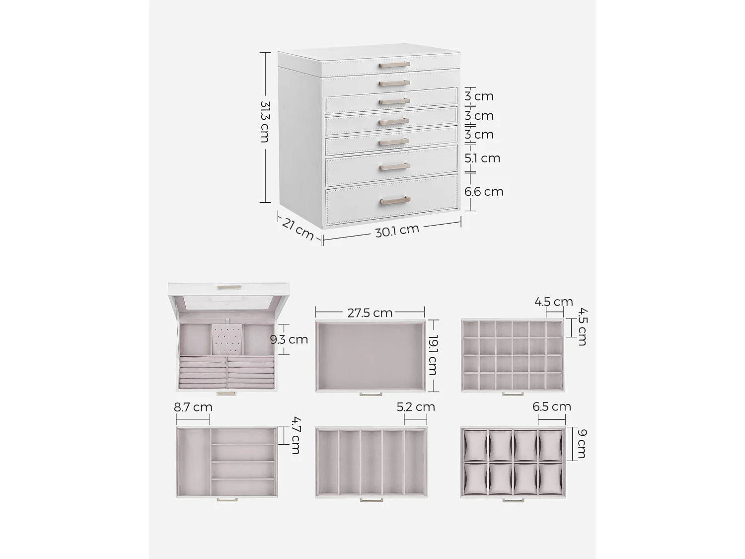 Coffret à bijoux Valora blanc avec miroir et 5 tiroirs doublé de velours