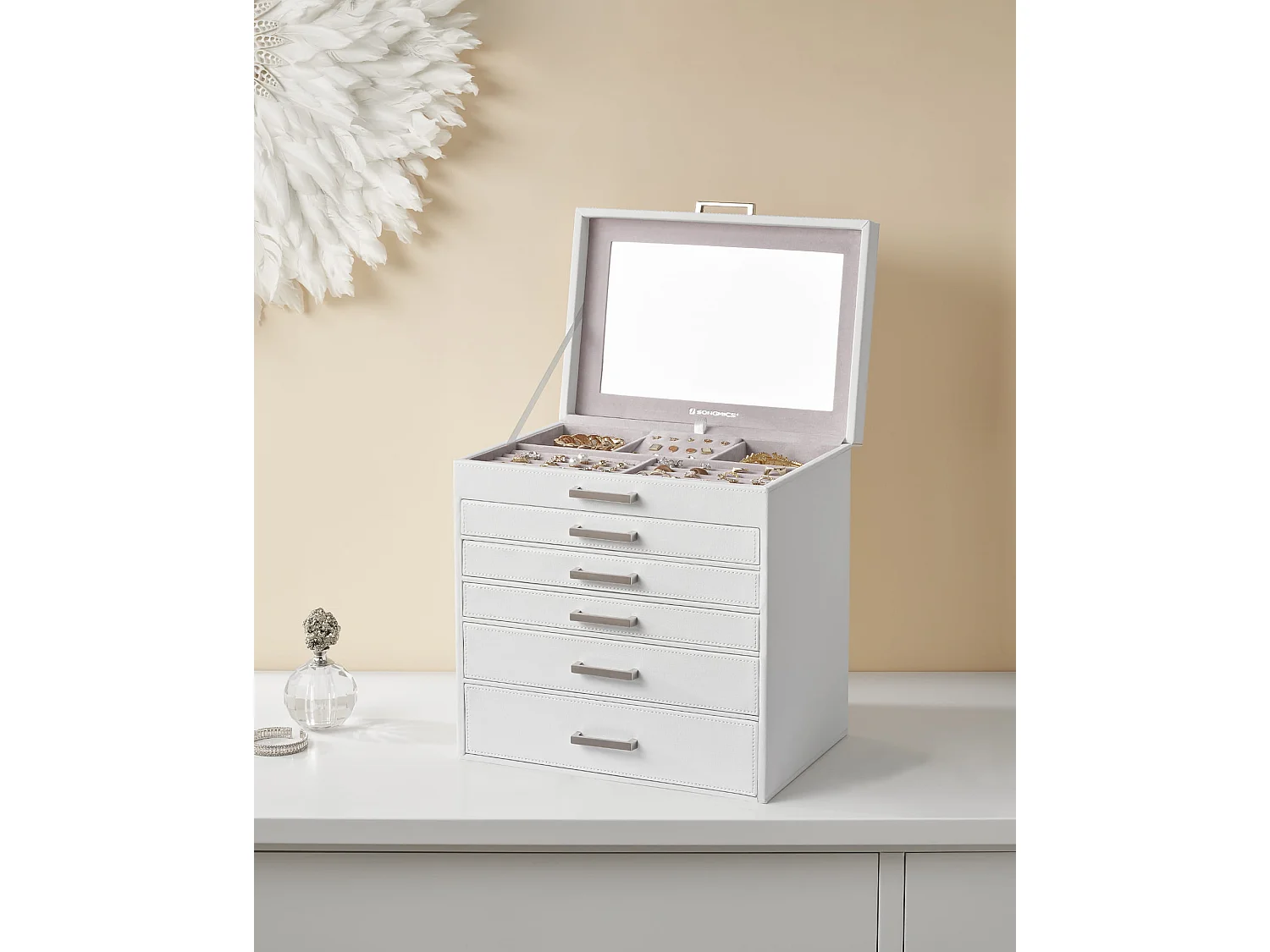 Coffret à bijoux Valora blanc avec miroir et 5 tiroirs doublé de velours