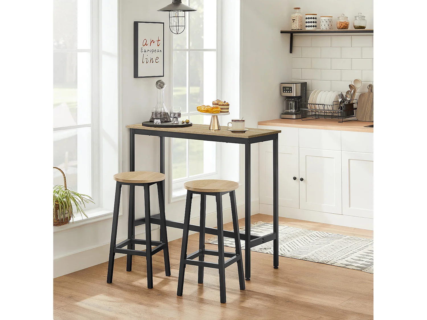 Table bar Valora avec 2 tabourets chêne Sonoma cadre noir cuisine
