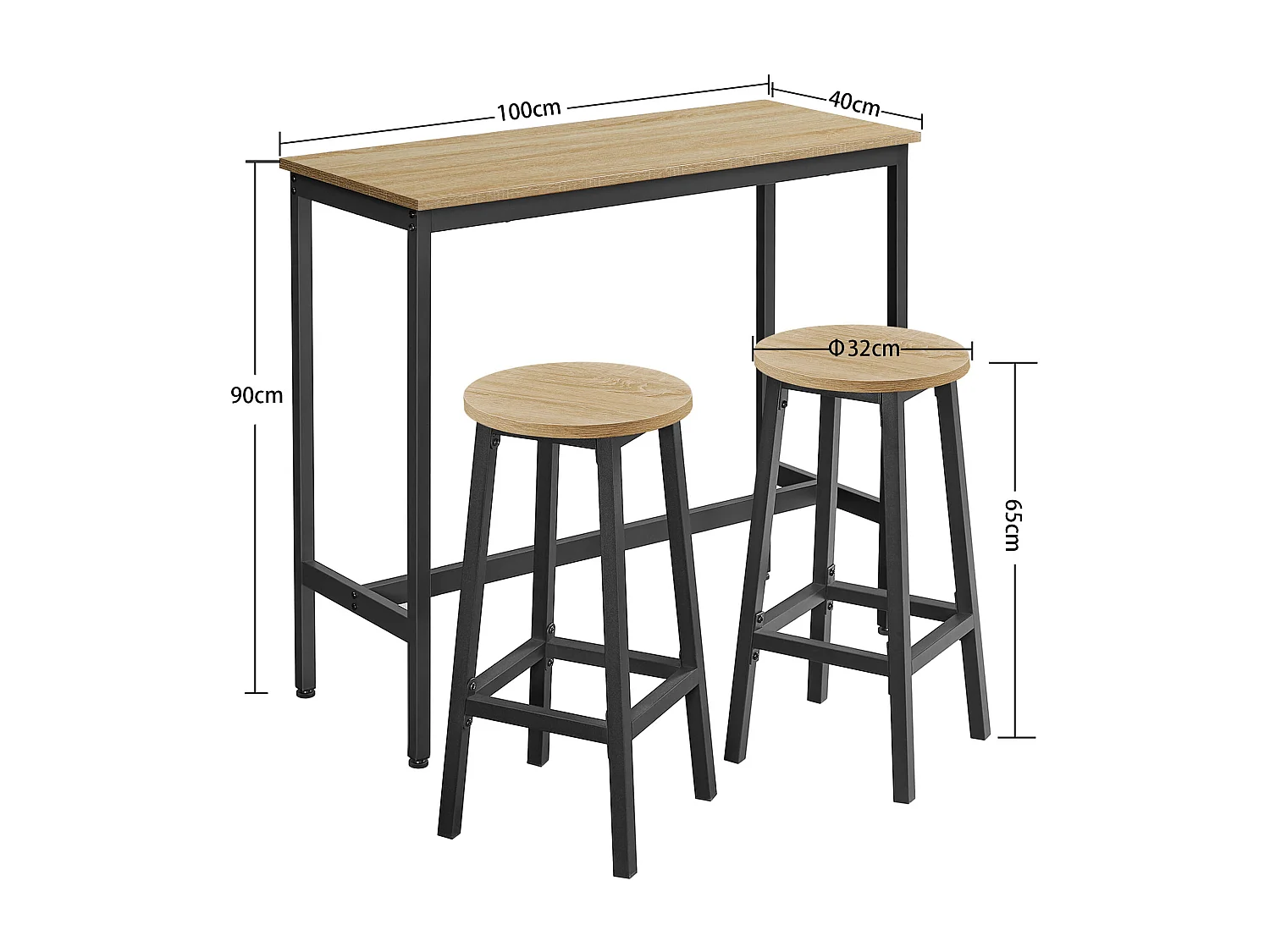 Table bar Valora avec 2 tabourets chêne Sonoma cadre noir cuisine