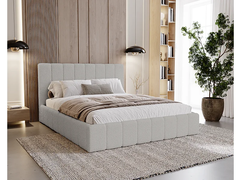 BESILIO Łóżko tapicerowane Boucle 120x200 Lexy - stelaż listwowy, wezgłowie, pojemnik, łóżko slim - Jasnoszary