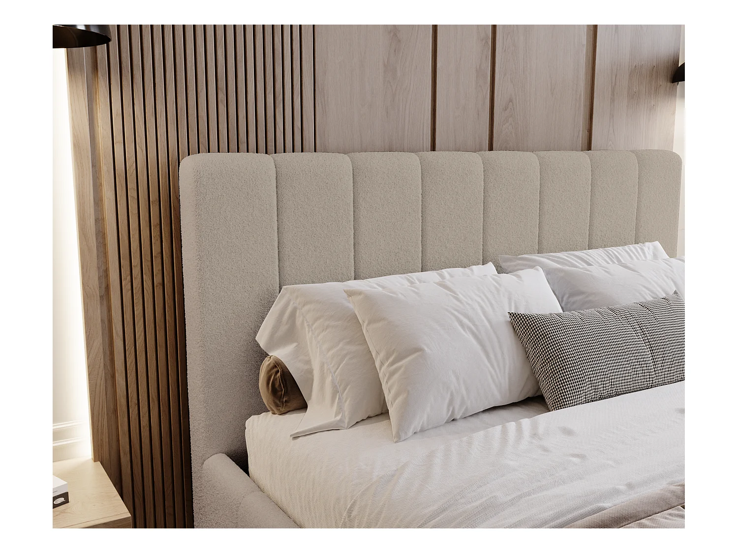 BESILIO Sypialnia łóżko slim 140x200 Lexy - stelaż metalowy, pojemnik na pościel, slim łóżko, tkanina boucle - Beżowy