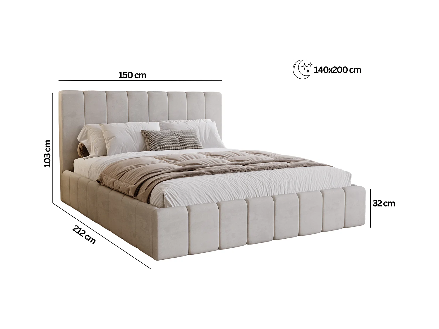 BESILIO Sypialnia łóżko slim 140x200 Lexy - stelaż metalowy, pojemnik na pościel, slim łóżko, tkanina boucle - Beżowy