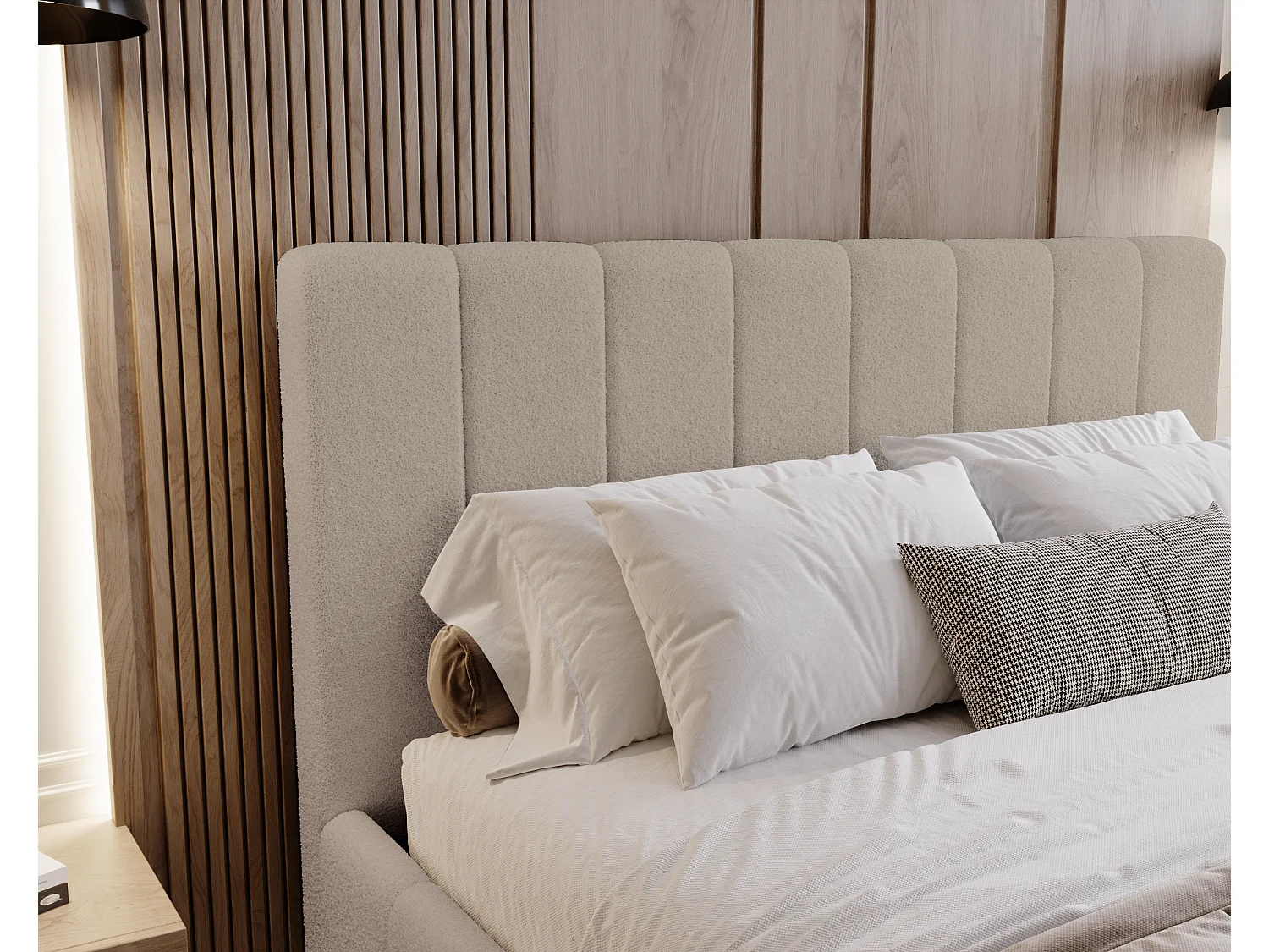 BESILIO Sypialnia łóżko slim 140x200 Lexy - stelaż metalowy, pojemnik na pościel, slim łóżko, tkanina boucle - Beżowy