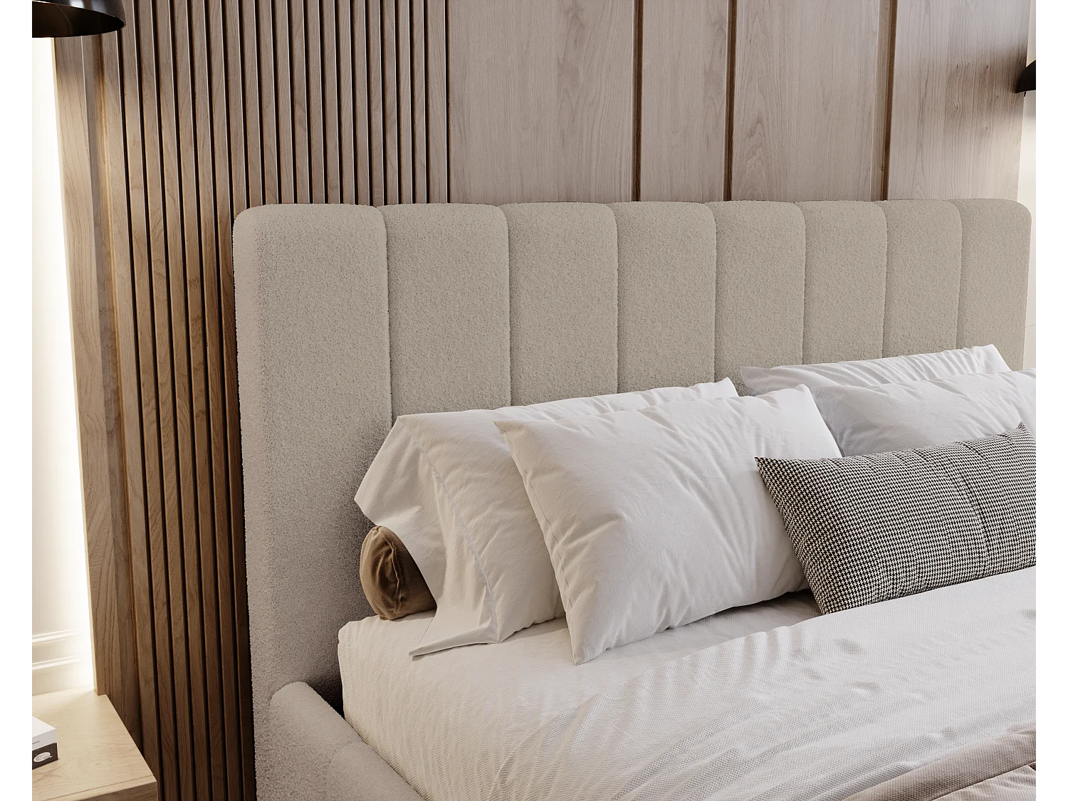 BESILIO Sypialnia łóżko slim 140x200 Lexy - stelaż metalowy, pojemnik na pościel, slim łóżko, tkanina boucle - Beżowy