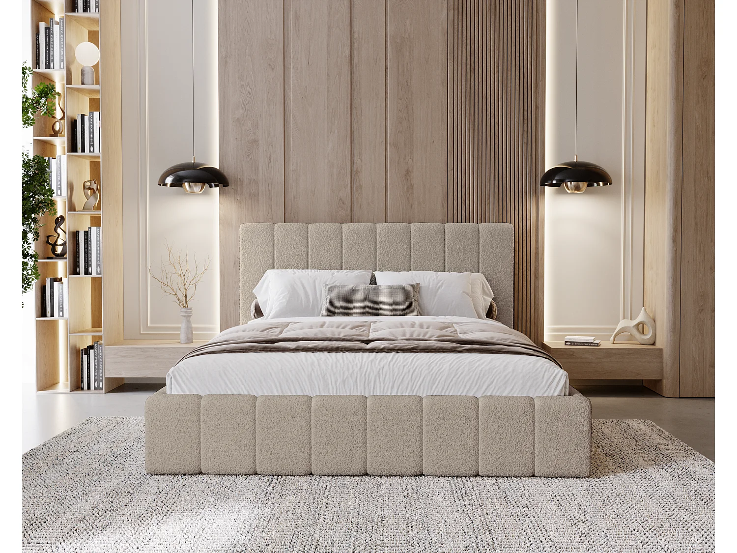 BESILIO Sypialnia łóżko slim 140x200 Lexy - stelaż metalowy, pojemnik na pościel, slim łóżko, tkanina boucle - Beżowy