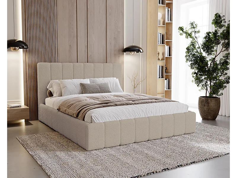 BESILIO Schlafzimmerbett Slim 140x200 Lexy – Metallrahmen, Bettkasten, schlankes Bett, Boucle-Stoff – Beige