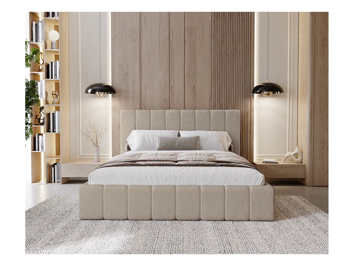 BESILIO Sypialnia łóżko slim 160x200 Lexy - stelaż metalowy, pojemnik na pościel, slim łóżko, tkanina boucle - Beżowy