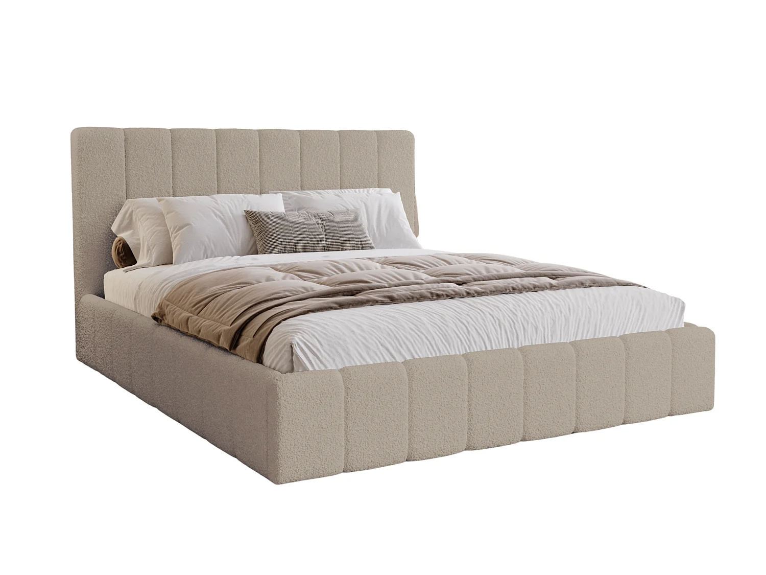 BESILIO Schlafzimmerbett Slim 160x200 Lexy – Metallrahmen, Bettkasten, schlankes Bett, Boucle-Stoff – Beige