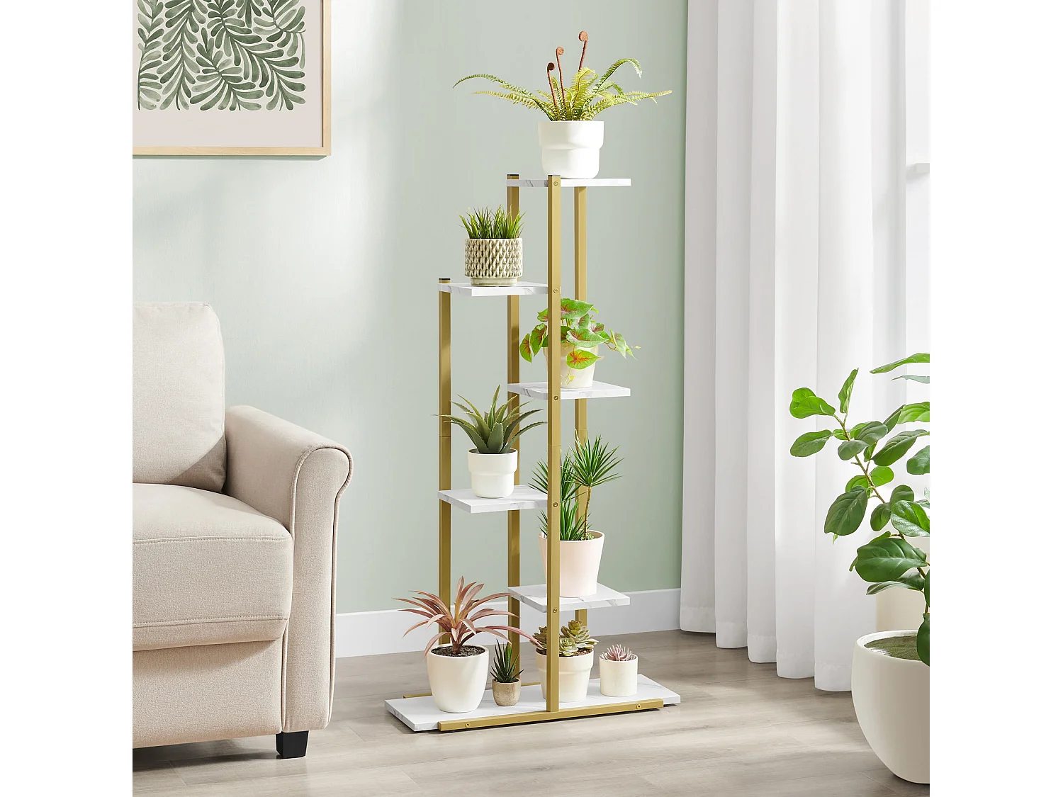 Valora Blumenständer mit 6 Ablagen, Marmor, mit goldenem Eisenrahmen zur Dekoration