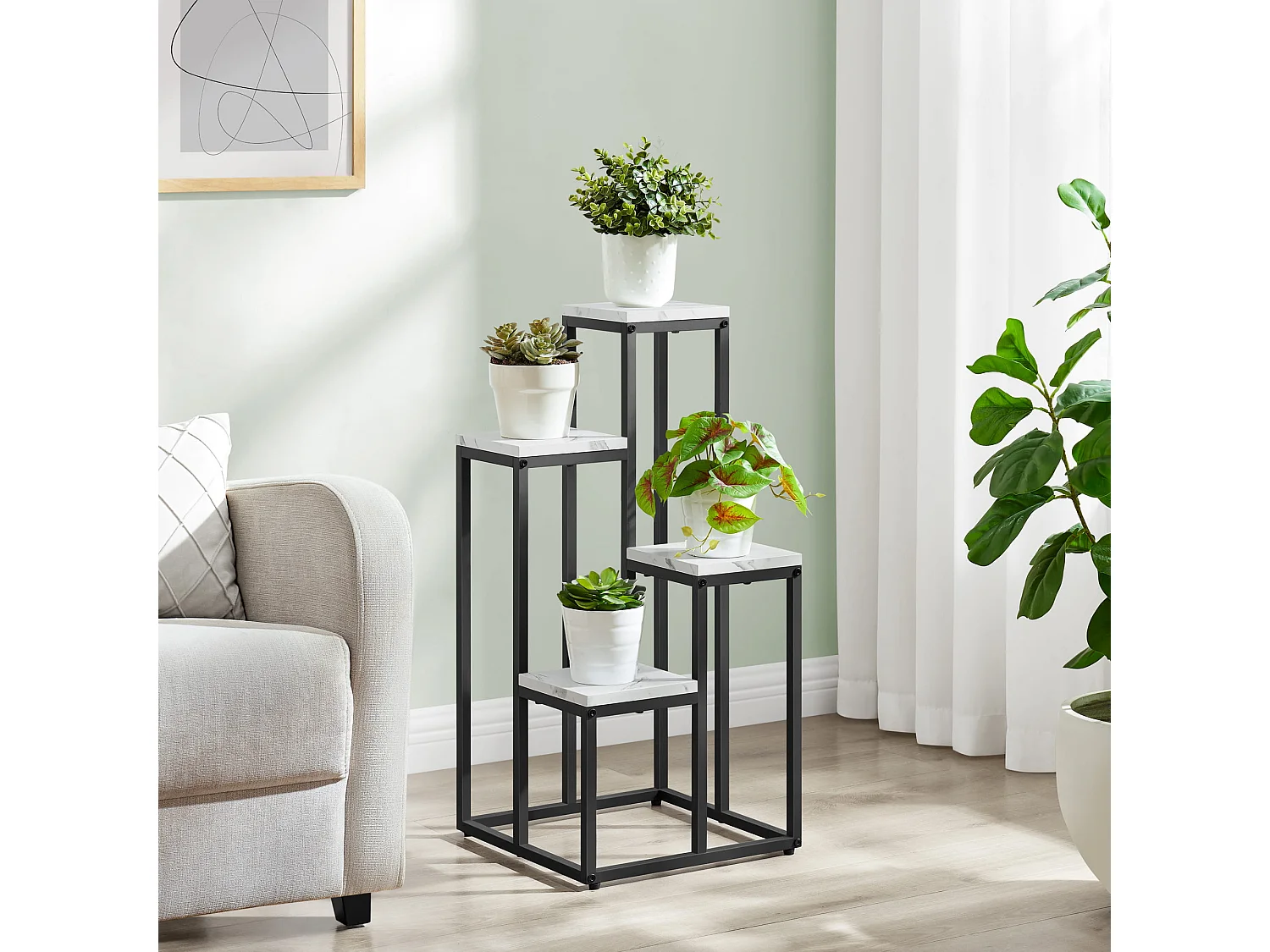 Valora Blumenständer 4 Ablagen weißer Marmor schwarze Beine Deko