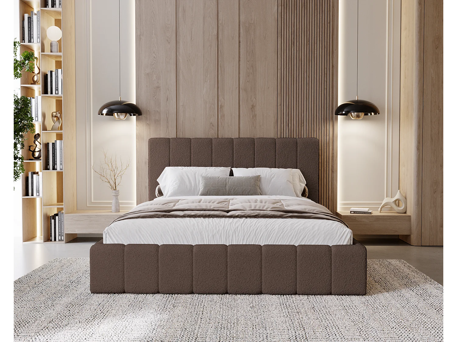 BESILIO Sypialnia łóżko slim 200x200 Lexy - stelaż metalowy, pojemnik na pościel, slim łóżko, tkanina boucle - Brązowy