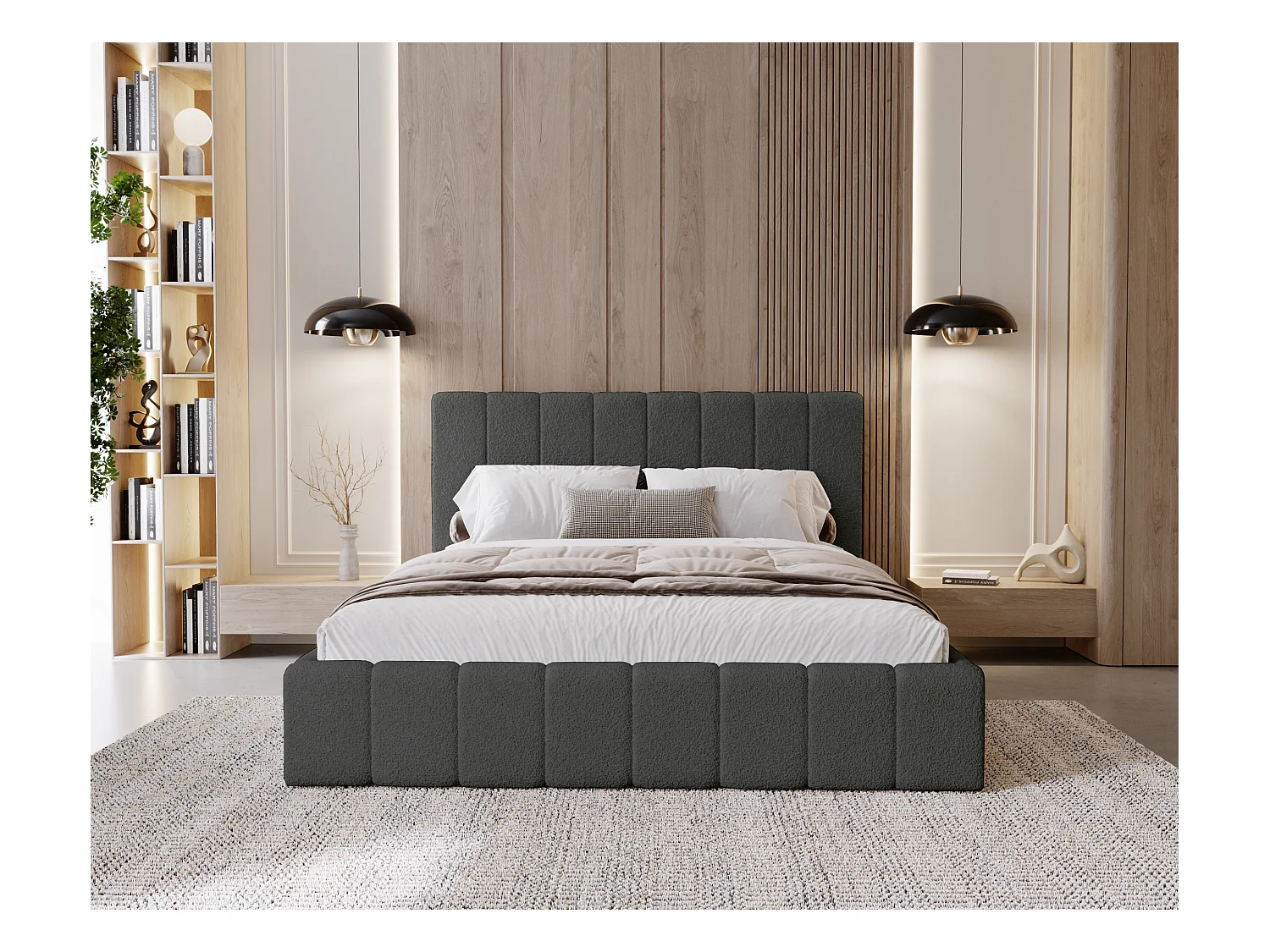 BESILIO Sypialnia łóżko slim 200x200 Lexy - stelaż metalowy, pojemnik na pościel, slim łóżko, tkanina boucle - Szary